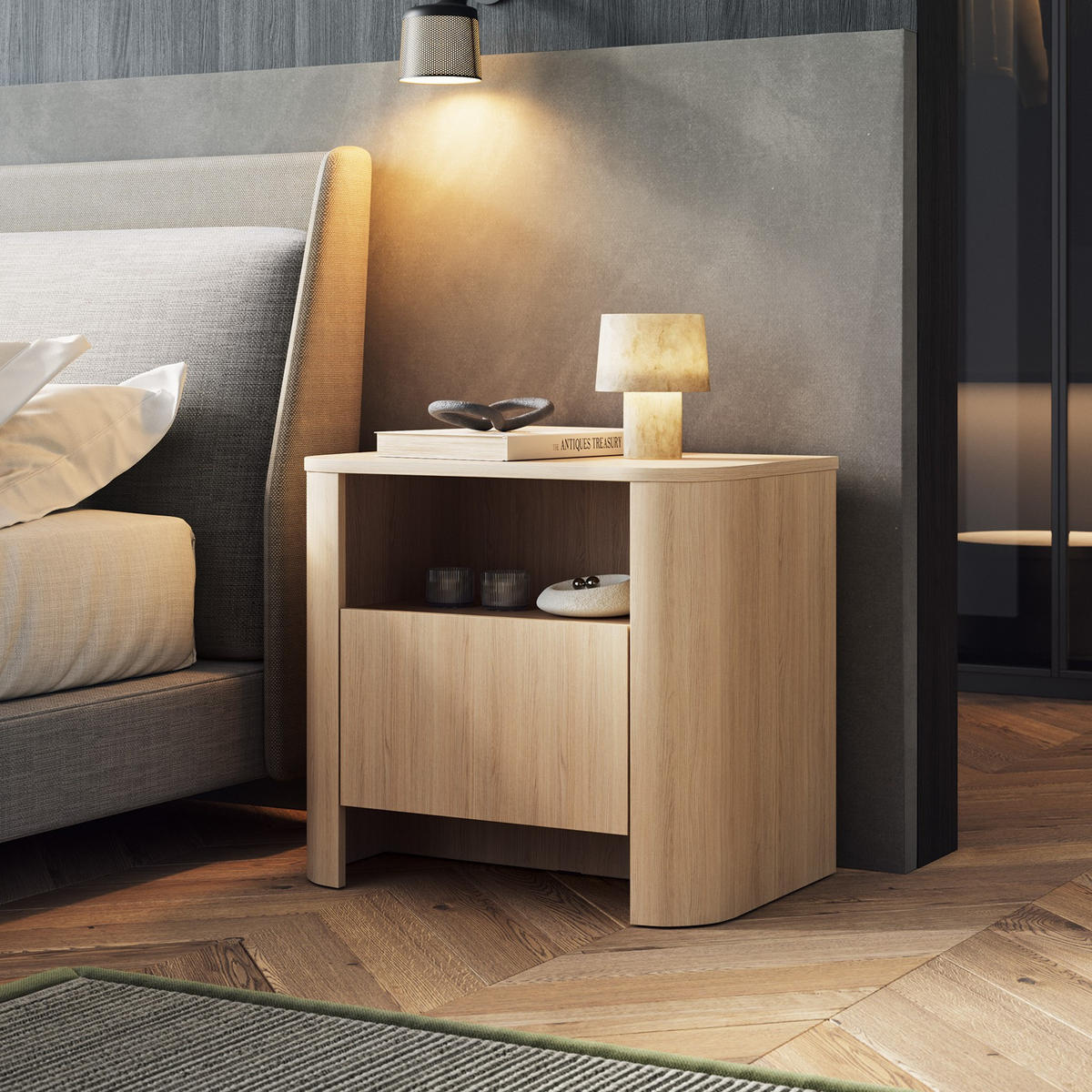 ABGERUNDETER Nachttisch AURA SN1SZ (Kaschmir Matt, Gold, Push to Open) - Eichefarben, Holz/Holzwerkstoff (58/52/39cm) - Ravio