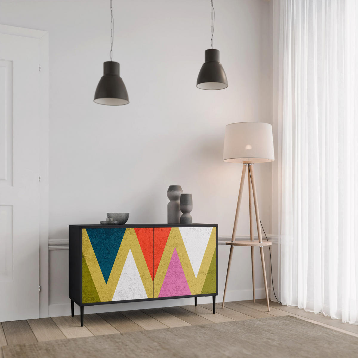 SIDEBOARD COLORFUL TRIANGLES, Eicheneffekt, 111x42x77,5 cm, 2 Türen - Eichefarben/Buchefarben, Holzwerkstoff/Buchenholz (111/77.5/42cm) - SpaceRebels