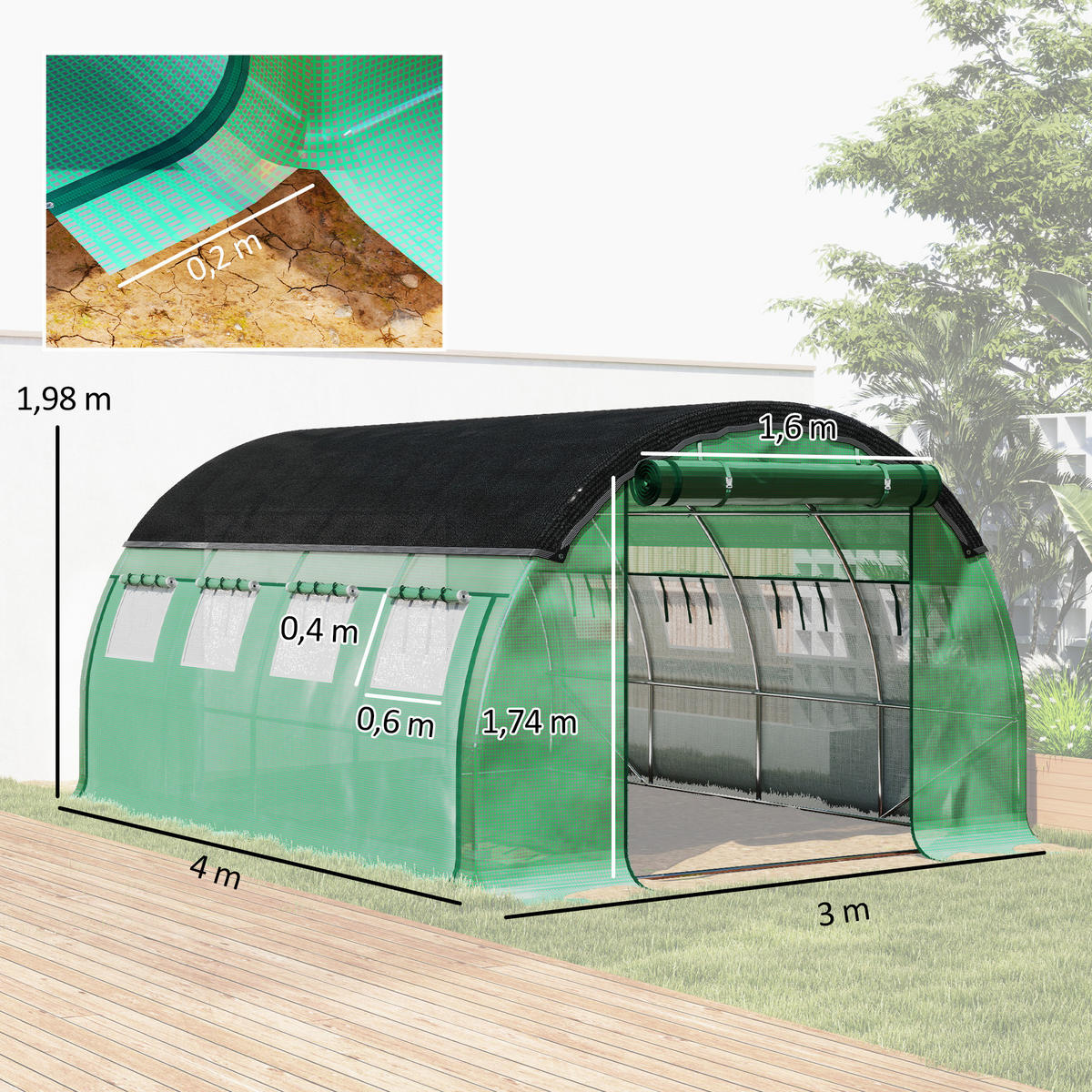 FOLIOVÝ TUNEL, 400L x 300B x 198H cm - zelená barva, plast (300/198/400cm) - Outsunny