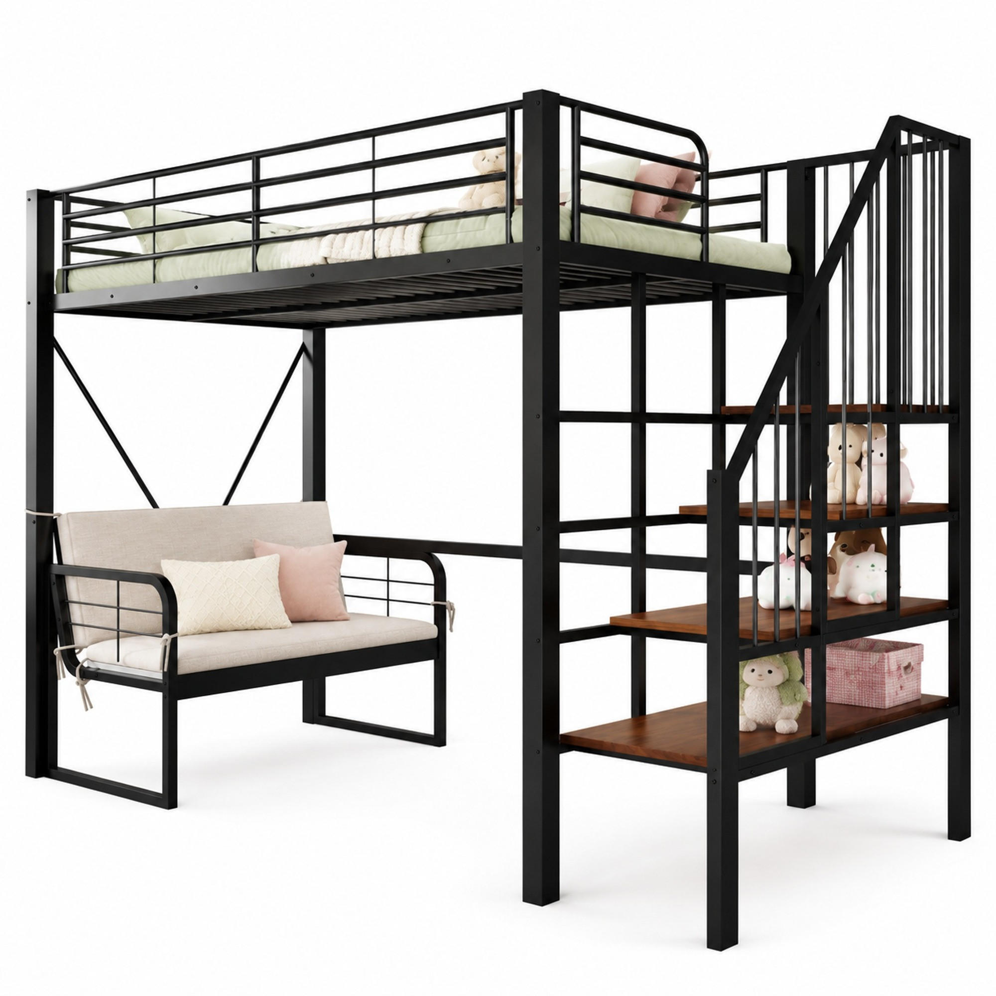 HOCHBETT 90/200 mit Polstersofa, Stauraumtreppe und Metallrahmen in Schwarz - Schwarz, Holzwerkstoff/Metall (90/200cm) - EVRYAE