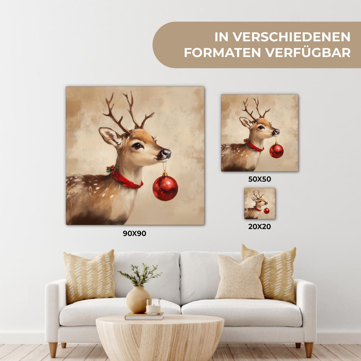LEINWANDBILD Weihnachten - Hirsch - Geweih - Weihnachtskugel - Rentier 90x90 cm - Hellbraun, Textil (90/90cm) - MuchoWow