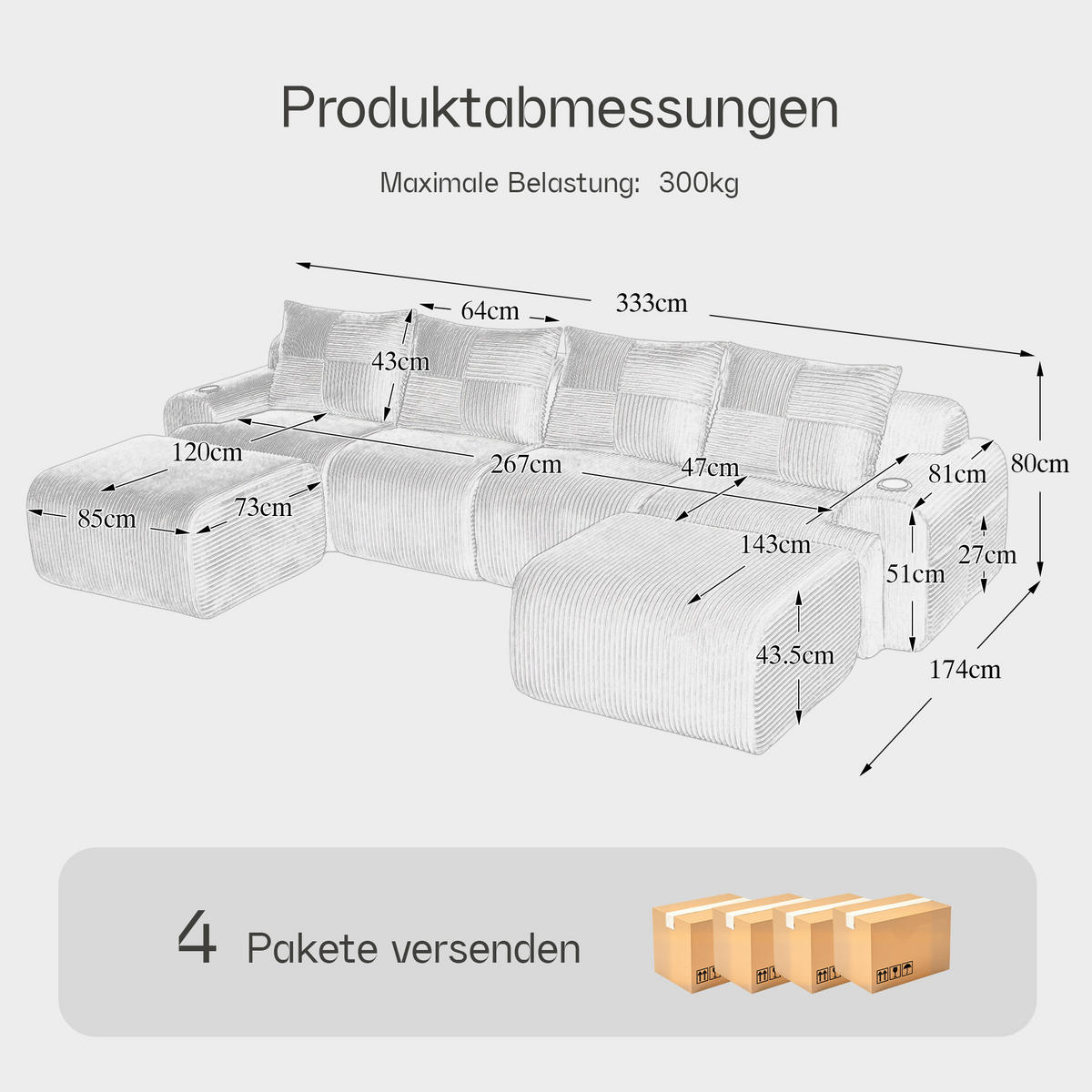 ECKSOFA mit frei kombinierbaren Modulen, zwei Hockern, Getränkehalter und seitlicher Tasche in Schwarz - Schwarz, Textil (333/174cm) - EVRYAE
