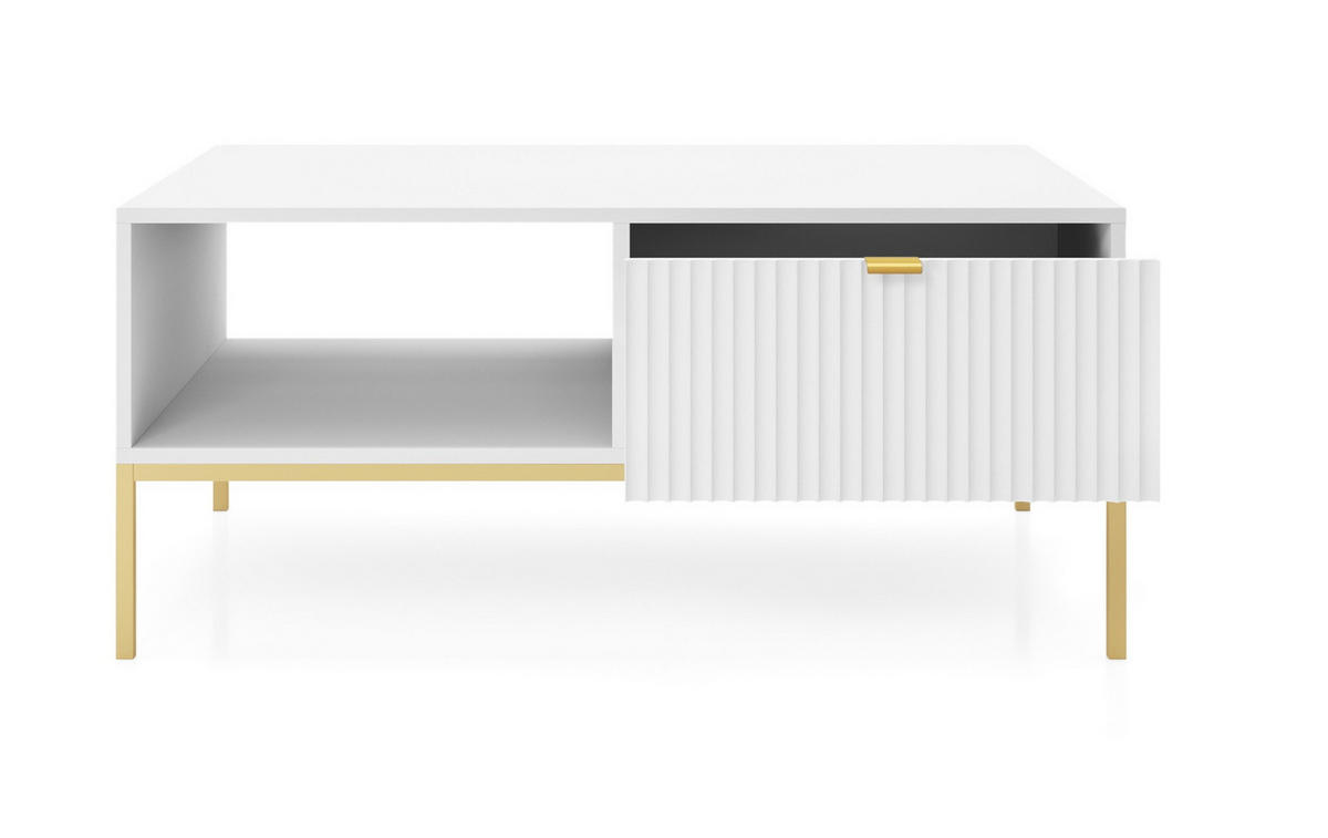 COUCHTISCH 104 cm Galla mit geriffelten Fronten und Schublade, Weiß + Gold - Goldfarben/Weiß, Holz (68/104/46cm) - Emporius
