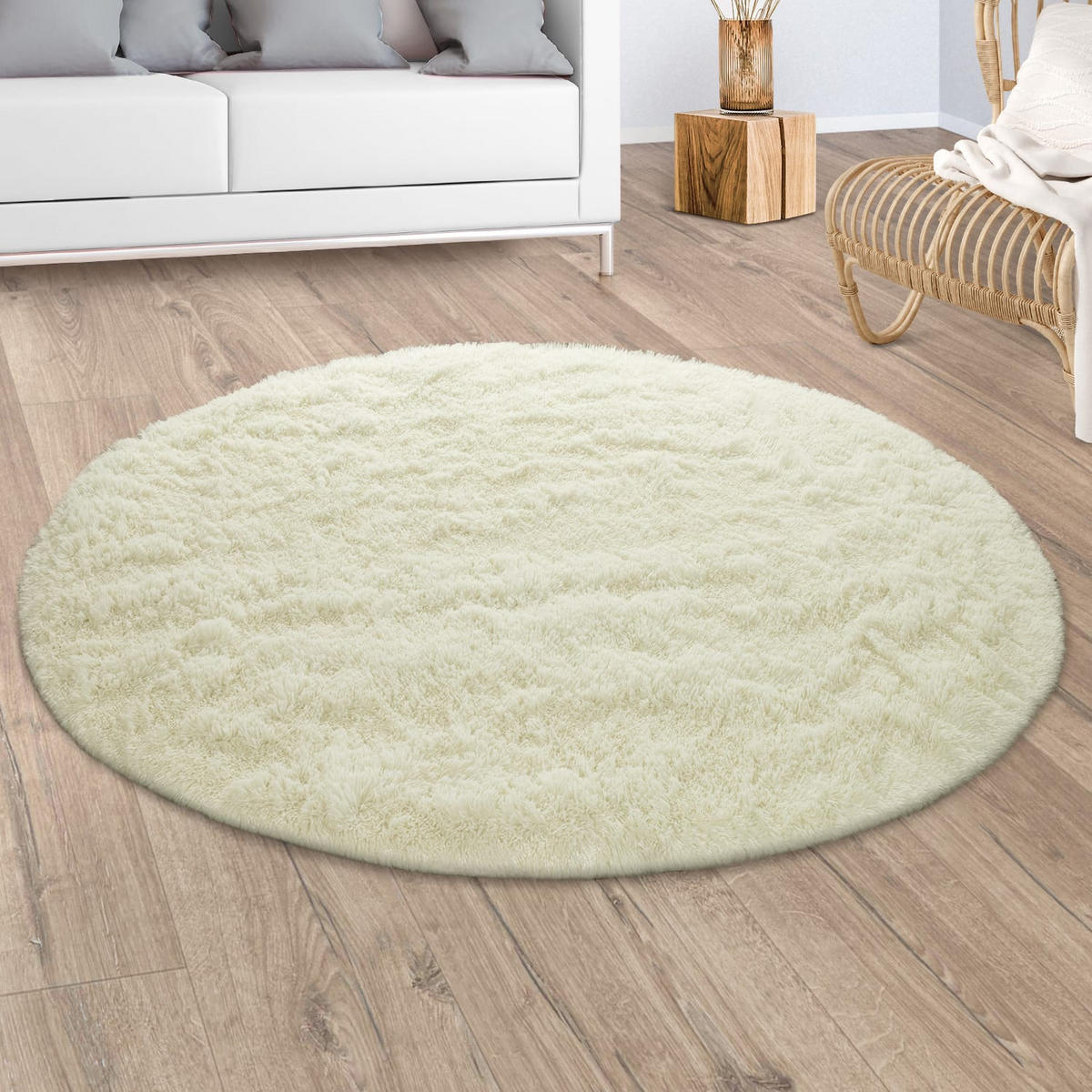 TEPPICH Hochflor Shaggy waschbar Unifarben Schlafzimmer schmutzabweisend Weiß Rund 120D - Weiß, Textil (120/120cm) - KADIMA DESIGN