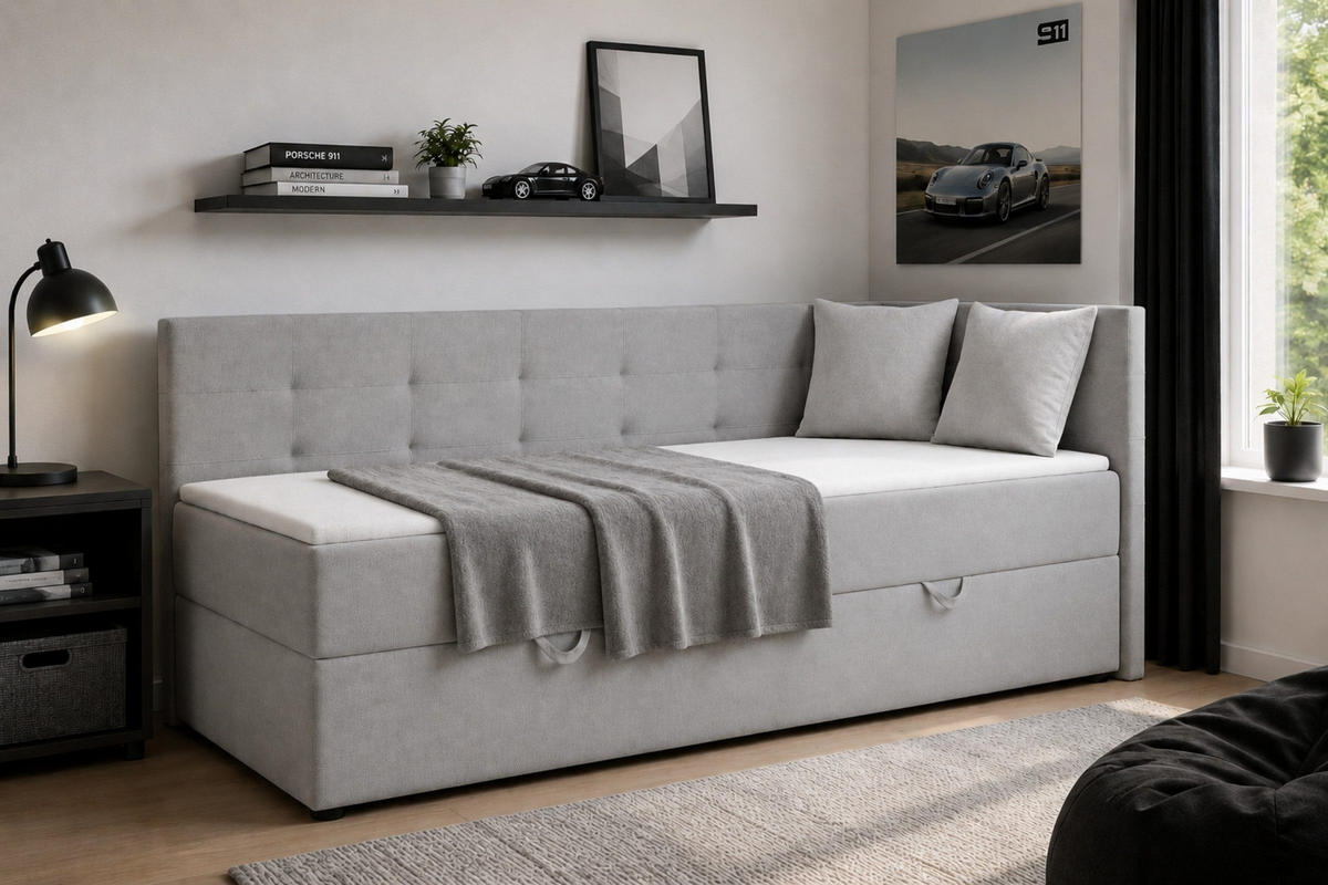 BOXBETT FAVIO 100/200 in Velours Hellgrau H3 - Schwarz, Holz/Holzwerkstoff (100/200cm) - Deine Möbel 24