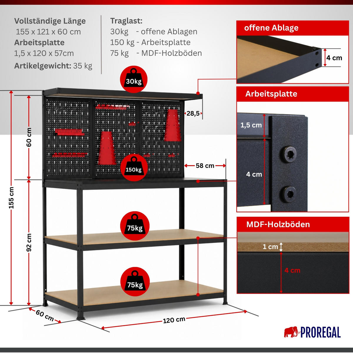WERKBANK ARES mit Werkzeug Lochwand & Werkzeughalter-Set - Schwarz, Metall (120/155/60cm) - PROREGAL