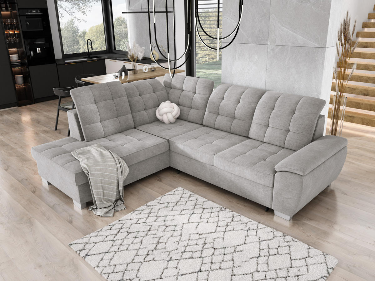 ECKSOFA LOTTA L-förmig Bettkasten verstellbare Kopfstützen hochwertige Verarbeitung lose Rückenkissen freistehend LINKS 212x258x106 cm Stainless steel - Edelstahlfarben, Holz/Textil (212/258cm) - DomoHome