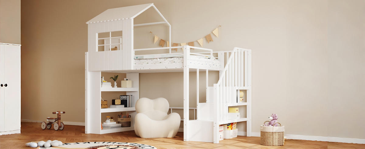 HOCHBETT 90/200 cm in Weiß mit Treppe, Regal und Stauraum aus MDF und Metall - Weiß, Holzwerkstoff/Metall (90/200cm) - CHICFURN