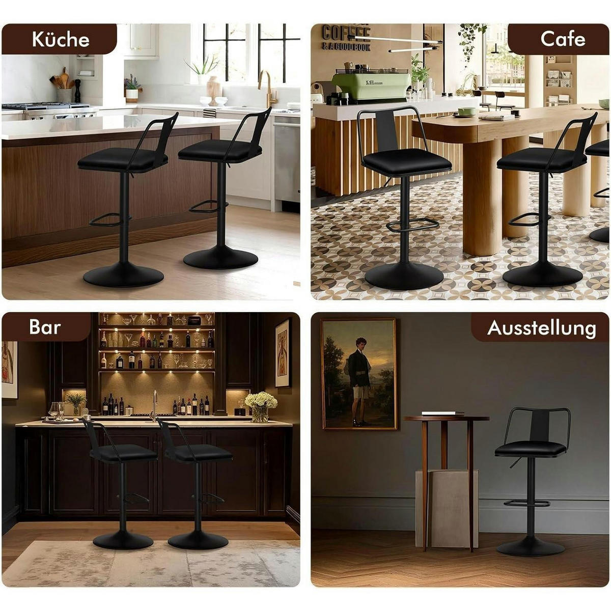 BARHOCKER 2-teiliges Set höhenverstellbar mit Rückenlehne Schwarz - Schwarz, Kunststoff (43/102/43cm)
