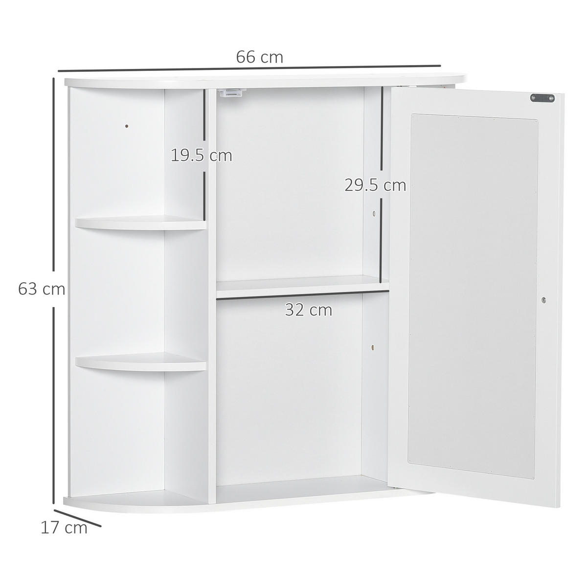 BADSPIEGELSCHRANK 66x17x63 cm Weiß aus Spanplatte mit Spiegeltür & offenen Regalen - Weiß, Holzwerkstoff (66/63/17cm) - Modfu