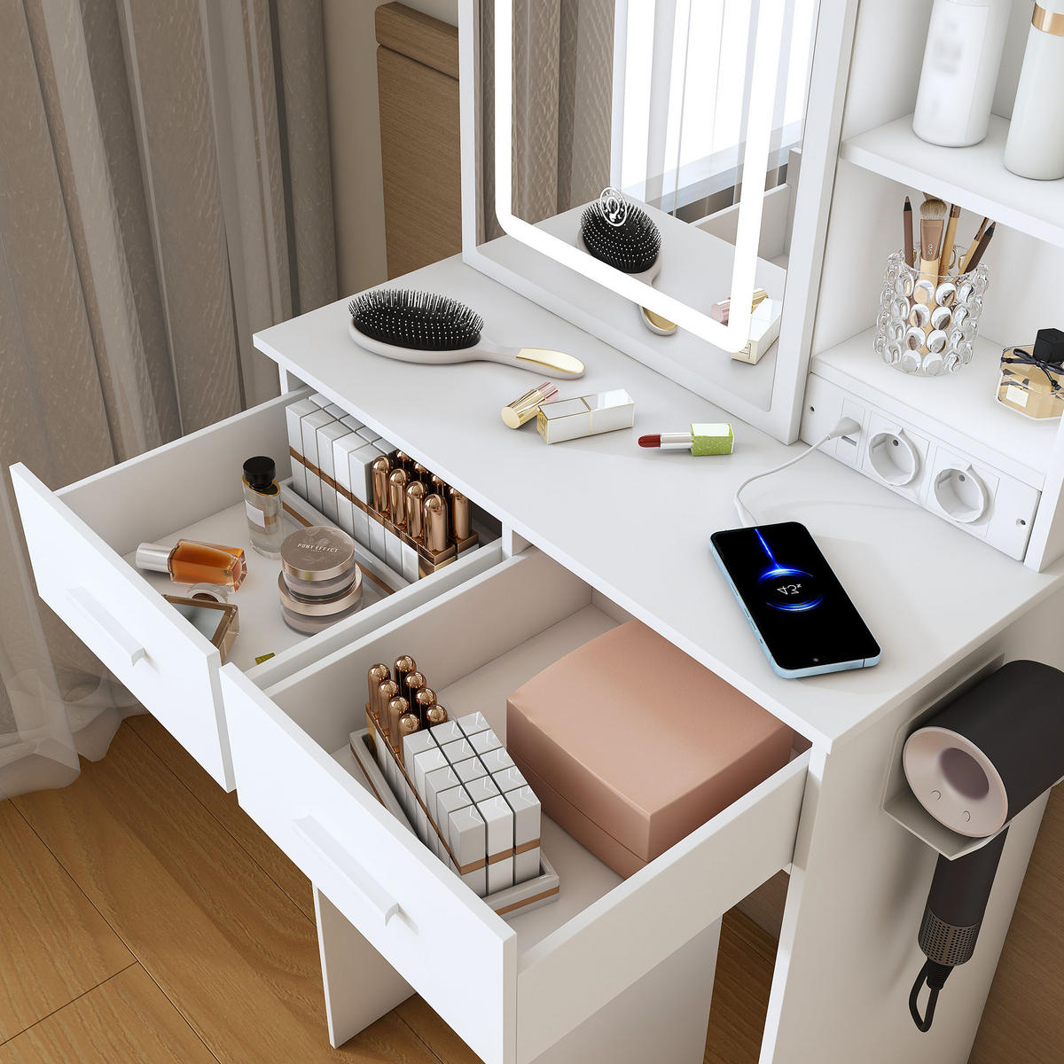 SCHMINKTISCH 36/60/136 cm weiß aus MDF mit LED-Spiegel und Hocker - Weiß, Holzwerkstoff (36/136/60cm) - OKWISH