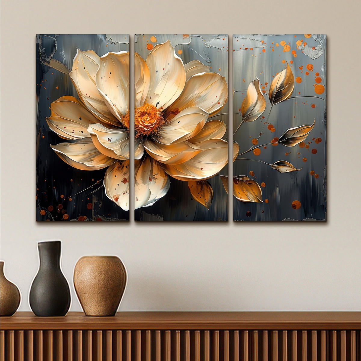 LEINWANDBILD 3er Set Blume - Gold - Abstrakt - Farbe 90x60 cm - Creme, Textil (90/60cm) - MuchoWow