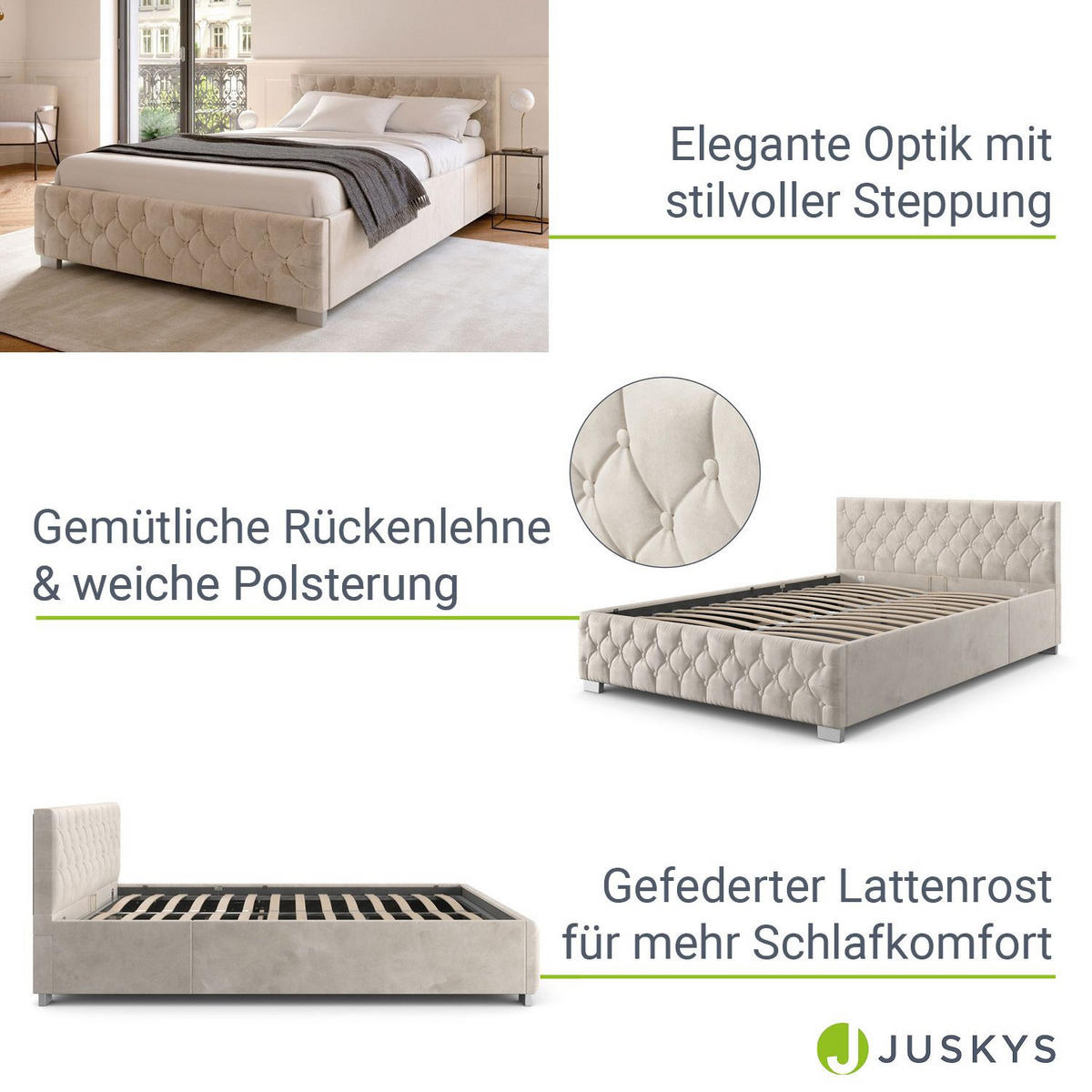 POLSTERBETT Nizza Beige 120x200 cm mit Bettkasten und LED - Beige, Holzwerkstoff (120/200cm) - Juskys