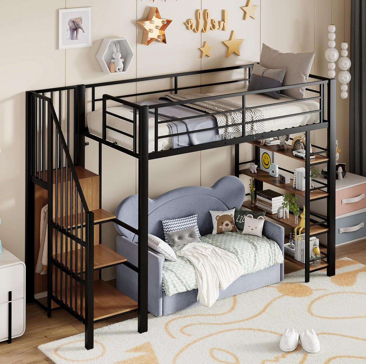 HOCHBETT 90/200 cm Schwarz aus Metall mit Sicherheitstreppe und Stauraum - Schwarz, Metall (90/200cm) - OKMYHOME