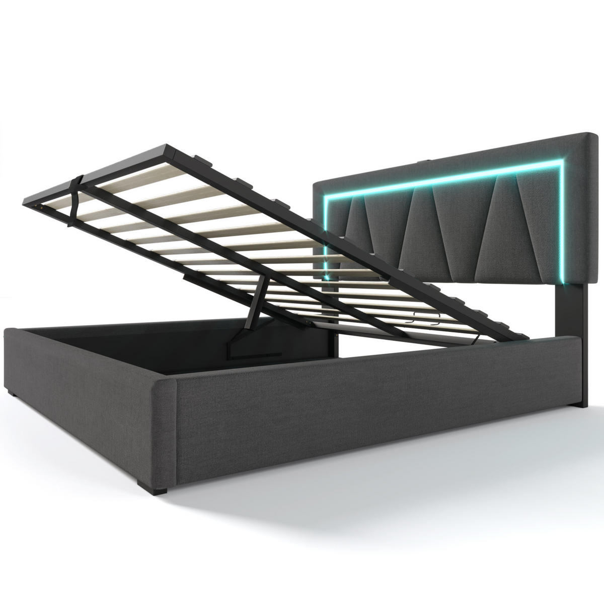 POLSTERBETT mit Stauraum, LED und USB 160x200 cm Leinen Grau - Grau, Metall (160/200cm) - Meubliv