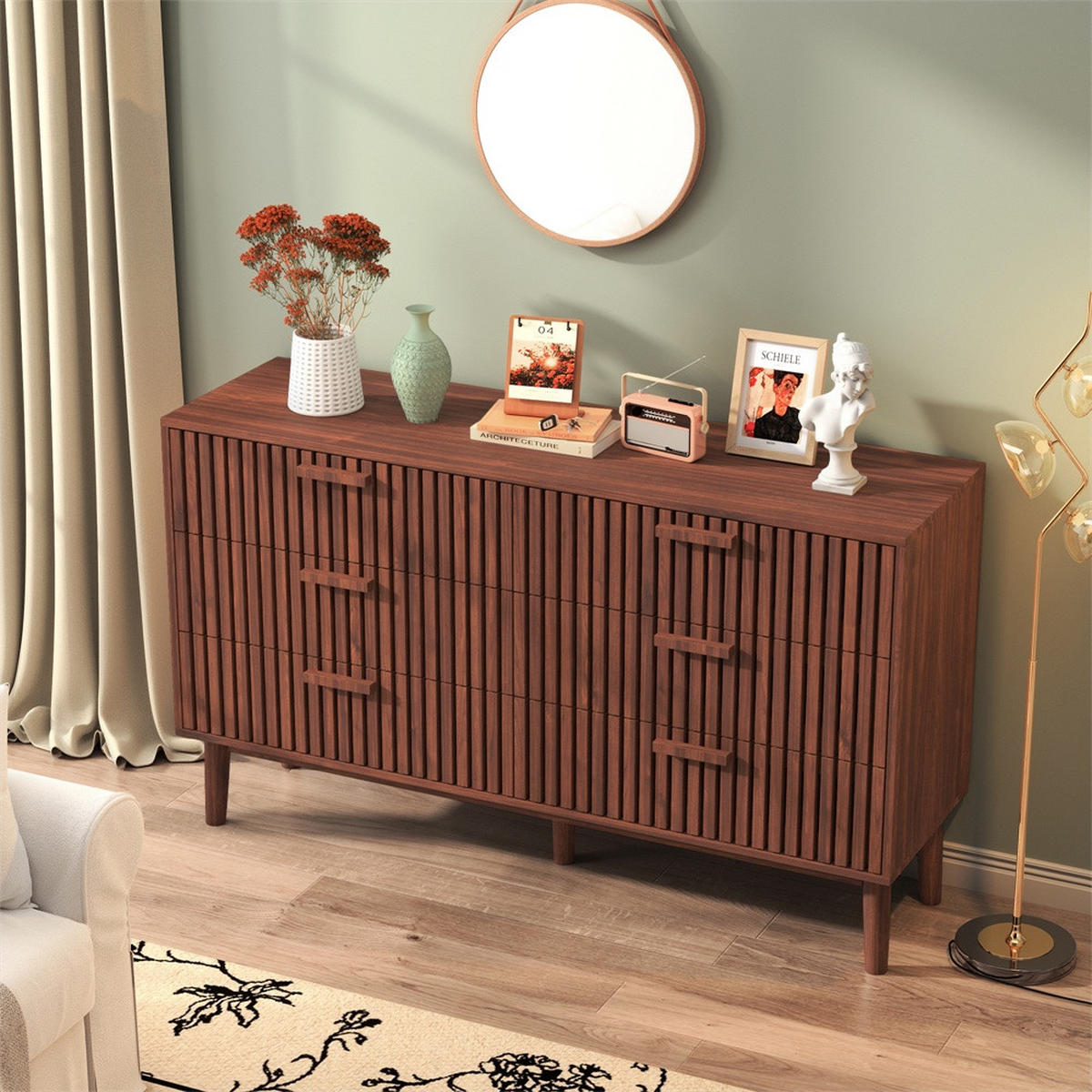 KOMMODE mit 6 Schubladen - gerillte Fronten und konische Beine - für Wohnzimmer und Schlafzimmer - Walnuss-Optik - Walnussfarben, Holzwerkstoff (100/73/34cm) - DELFA