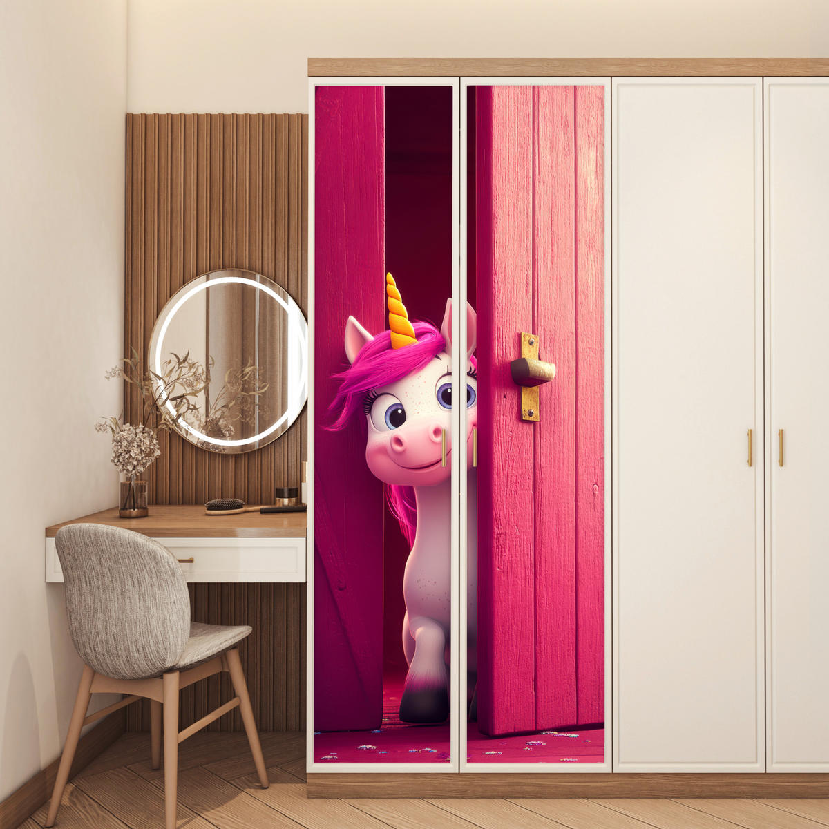 NÁLEPKA NA DVERE Jednorožec - Ružová - Dvere - Fantázia 80x215 cm - pink, plast (80/0.1cm) - MuchoWow
