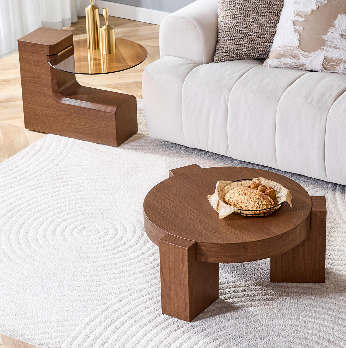 KLUBSKA miza, set 2 kosov, 61/30 cm, MDF v videzu oreha in rjavo steklo - barva oreha, leseni material (61/61/30cm) - BEAOK