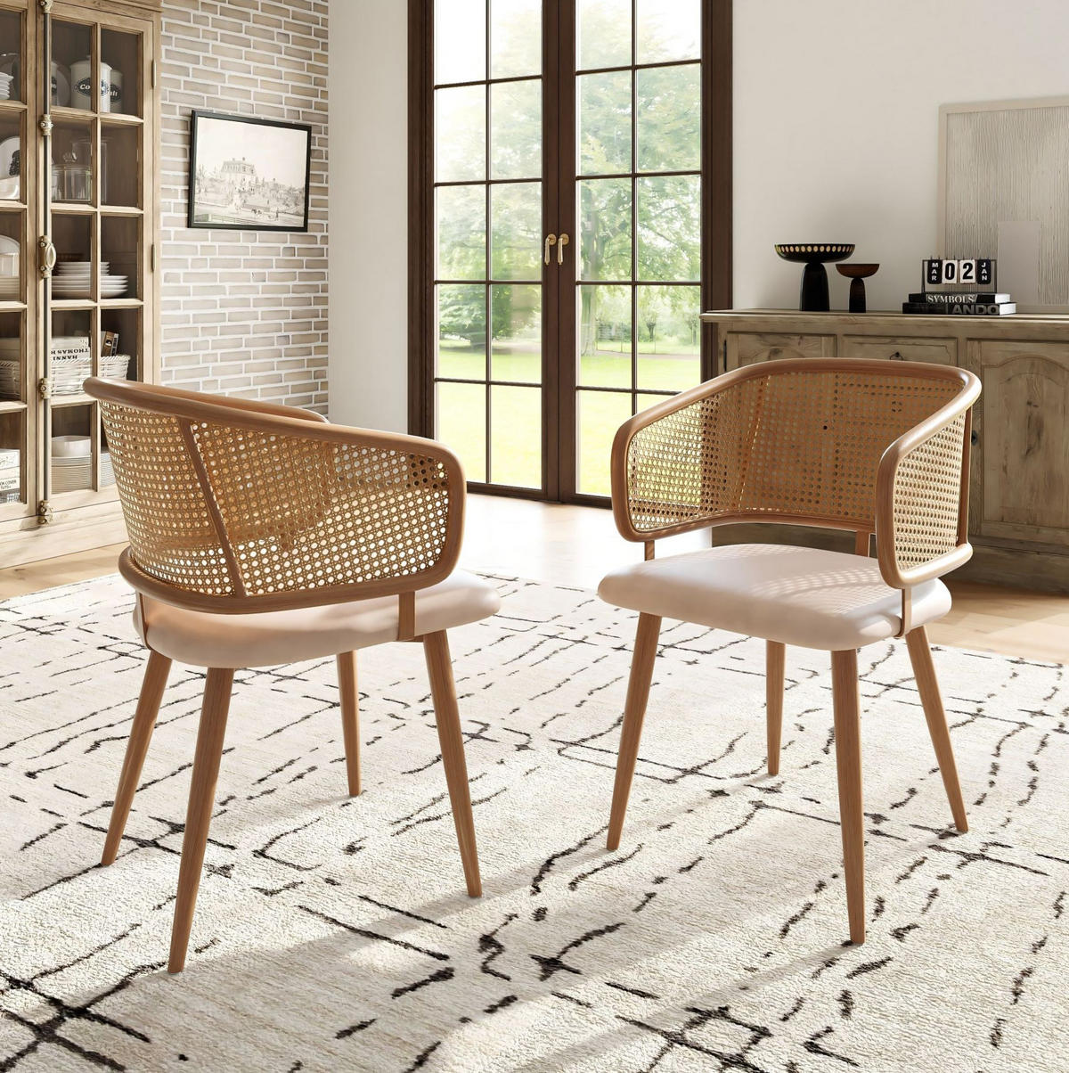 ESSZIMMERSTÜHLE 2er-Set Rattan-Rückenlehne PU-Leder Beige/Braun - Beige, Holz (51/79/47cm) - Meubliv