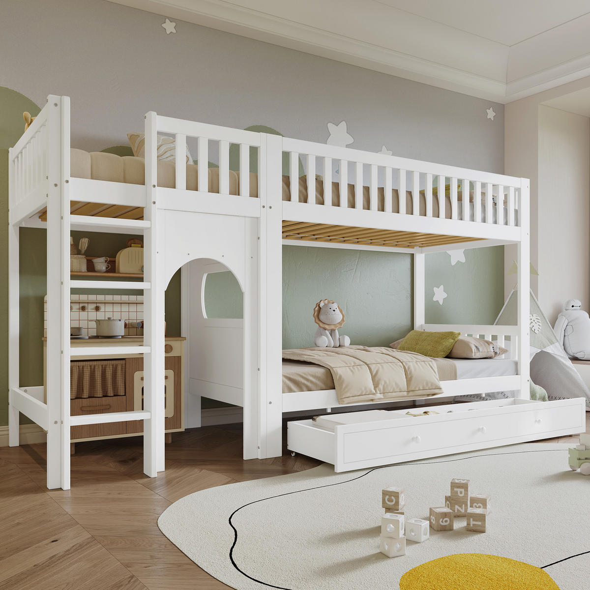 ETAGENBETT 90x200 cm mit Vierstufige gerade Leiter in Weiß - Weiß, Holz (90/200cm) - KOMHTOM