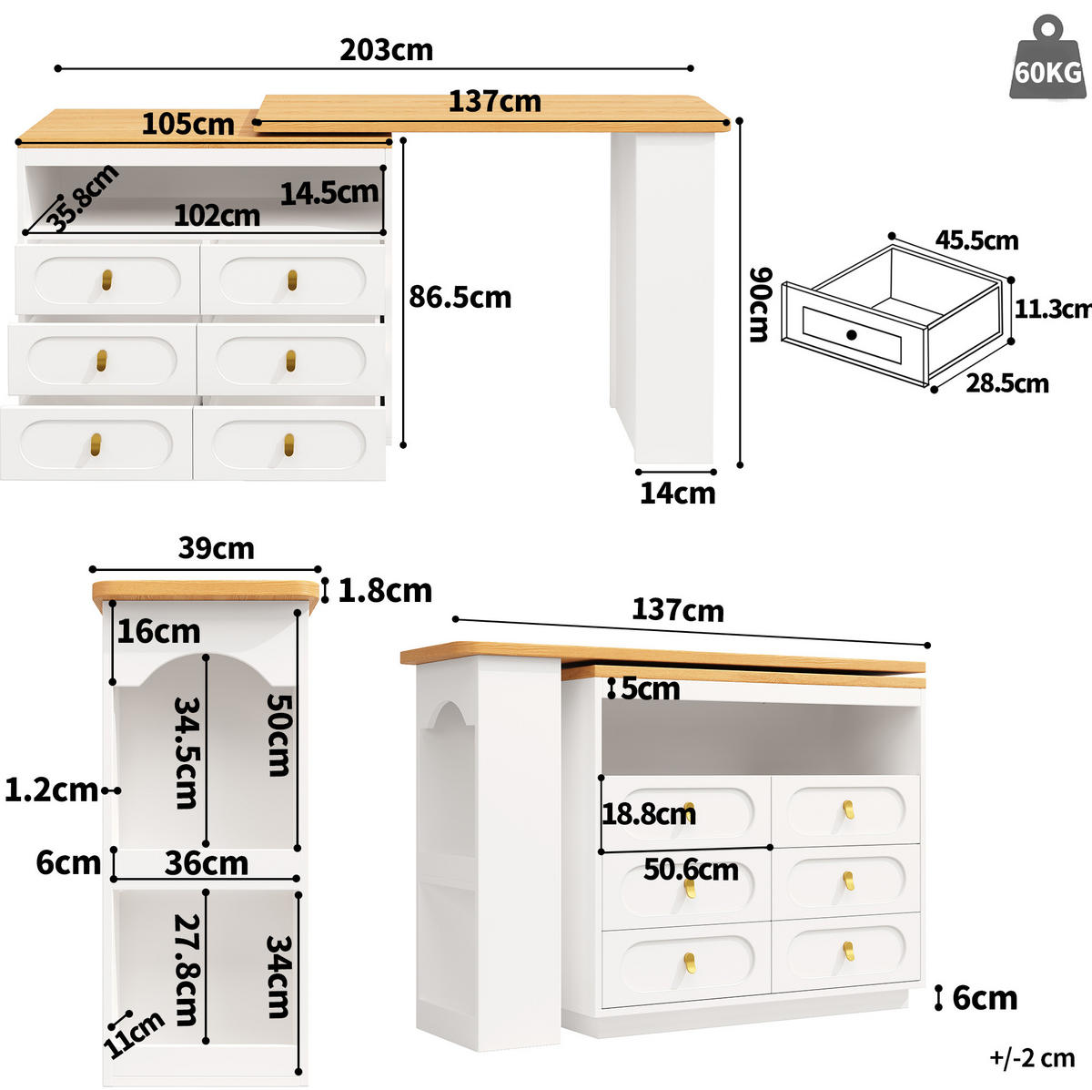 BARTISCH 137-203/39/90 cm in Weiß mit Stauraum und 360° Drehfunktion - Weiß, Holzwerkstoff (39/203/92cm) - BEAOK