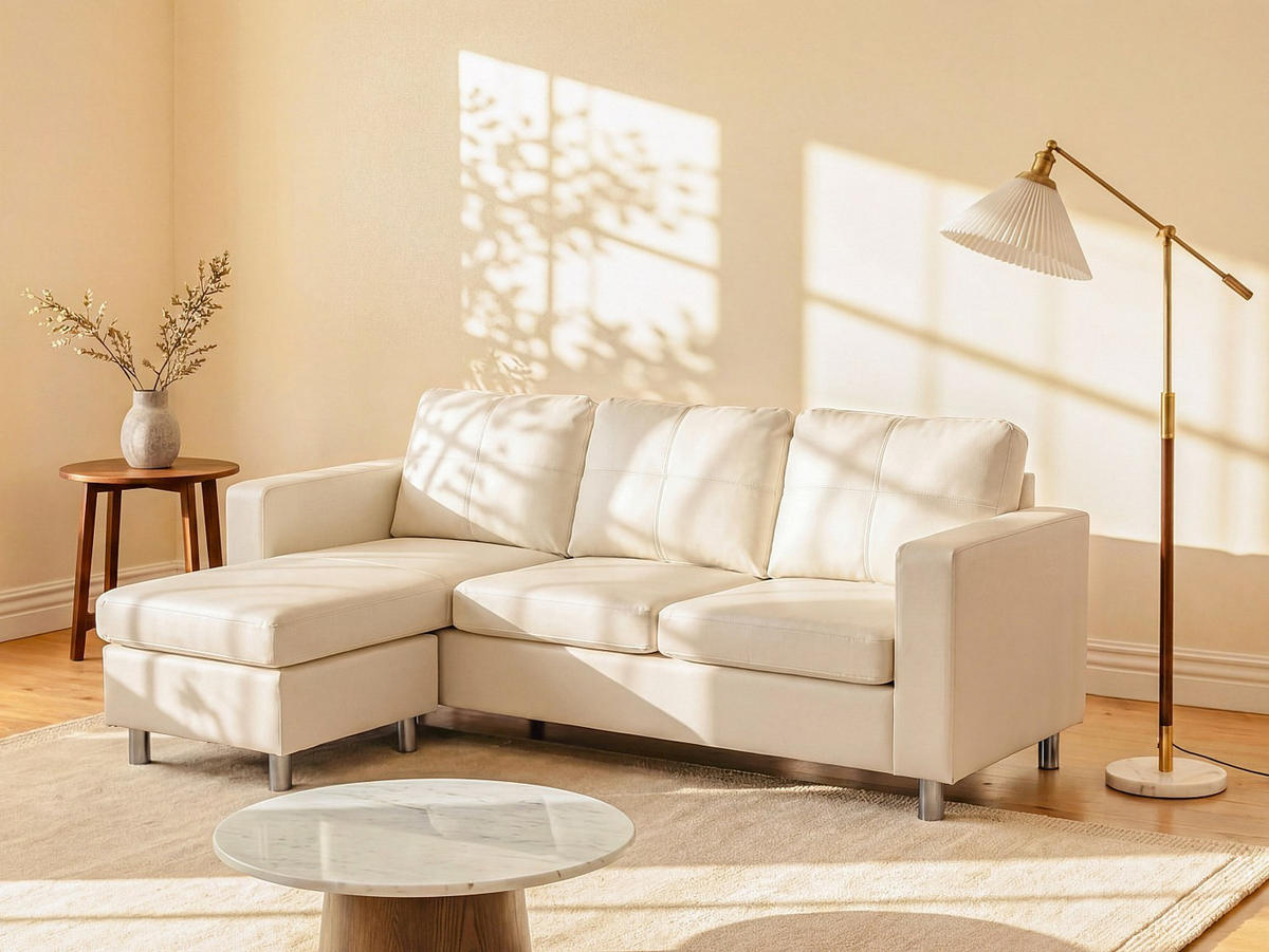 SOFA - 4 Personen - kunstleder - elfenbeinfarben Ackley - Weiß, Leder/Textil (196/77/133cm) - Vente-Unique