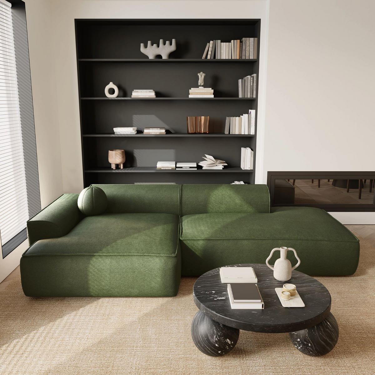 ECKSOFA LINKS Rastergewebe Olivgrün 260cm - Olivgrün, Textil (155/260cm) - Sia Home