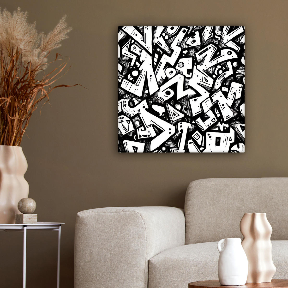 LEINWANDBILD Formen - Buchstaben - Graffiti - Schwarz Wandbild Wohnzimmer 50x50 cm - Schwarz, Textil (50/50cm) - MuchoWow