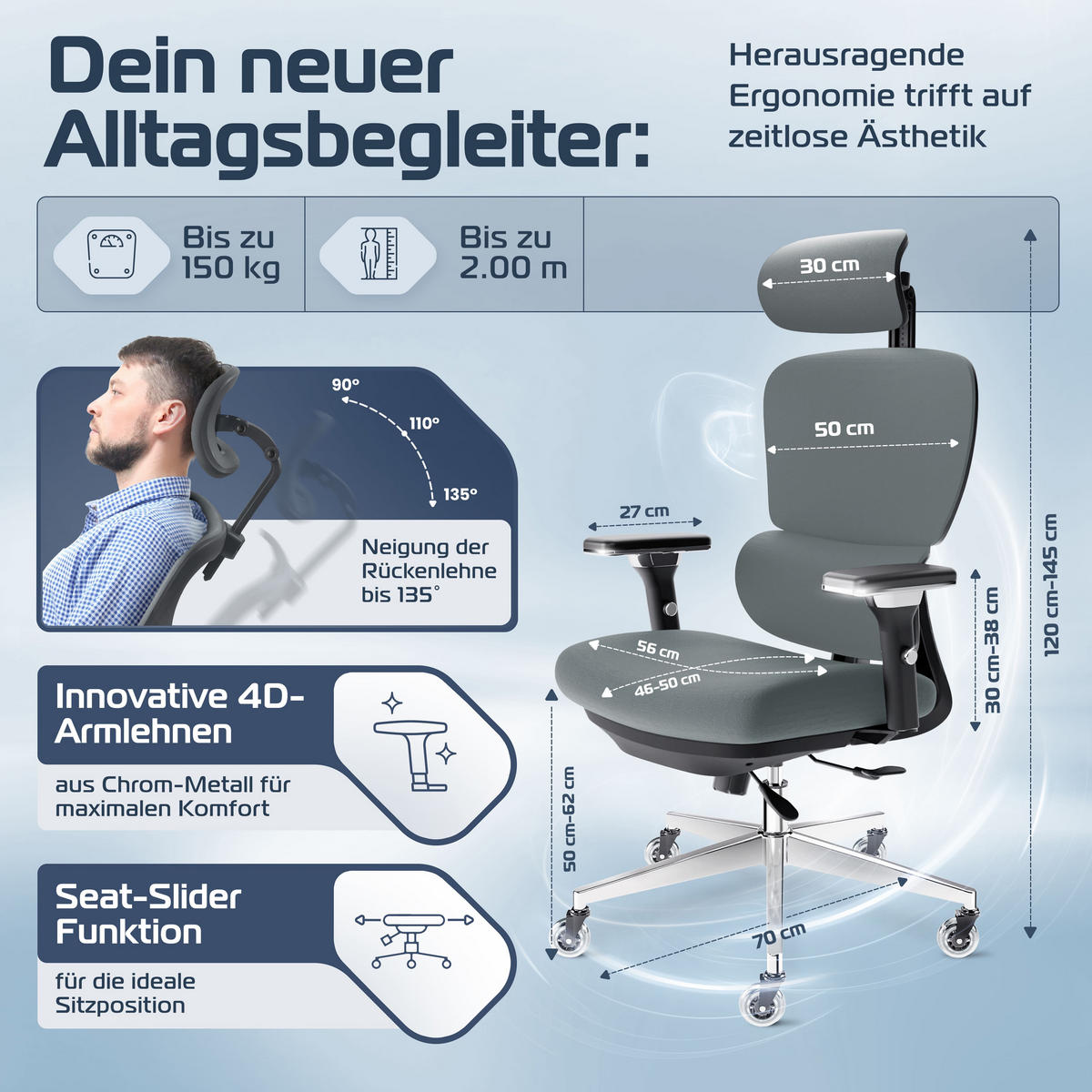 BÜROSTUHL ProSeat Anthrazit - Anthrazit/Silberfarben, Kunststoff/Textil (70/145/70cm) - Clouvou