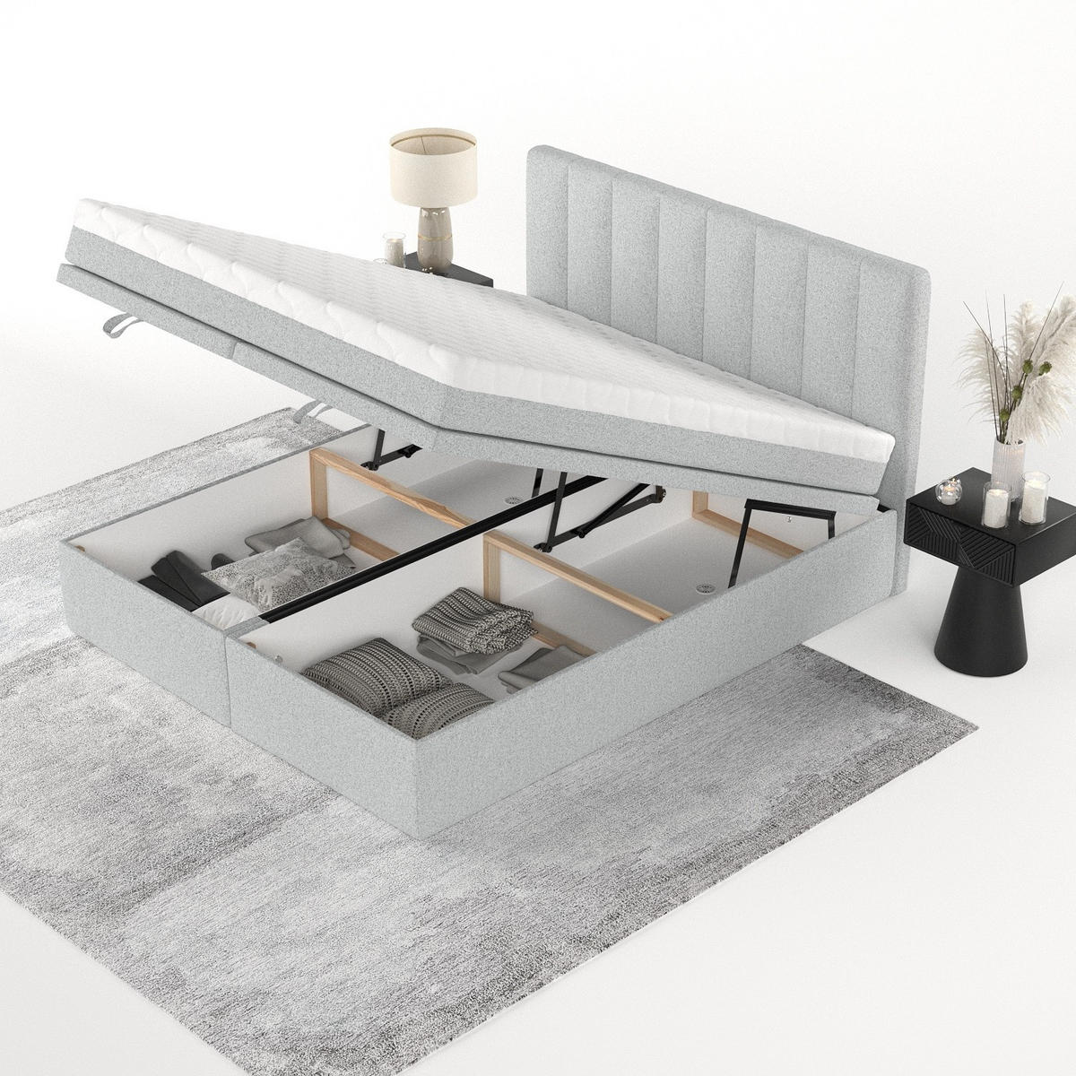 BOXBETT Lume 160/200 cm Hellgrau im Riva Stoff - Hellgrau/Schwarz, Holz/Holzwerkstoff (160/200cm) - AltaBeds
