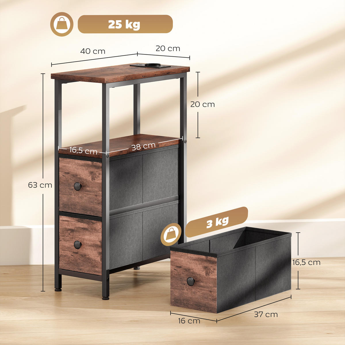BEISTELLTISCH Rustikal-Braun und Schwarz 20/40/63 cm mit Ladestation - Wildeiche, Holzwerkstoff (20/40/63cm) - PANGIVO