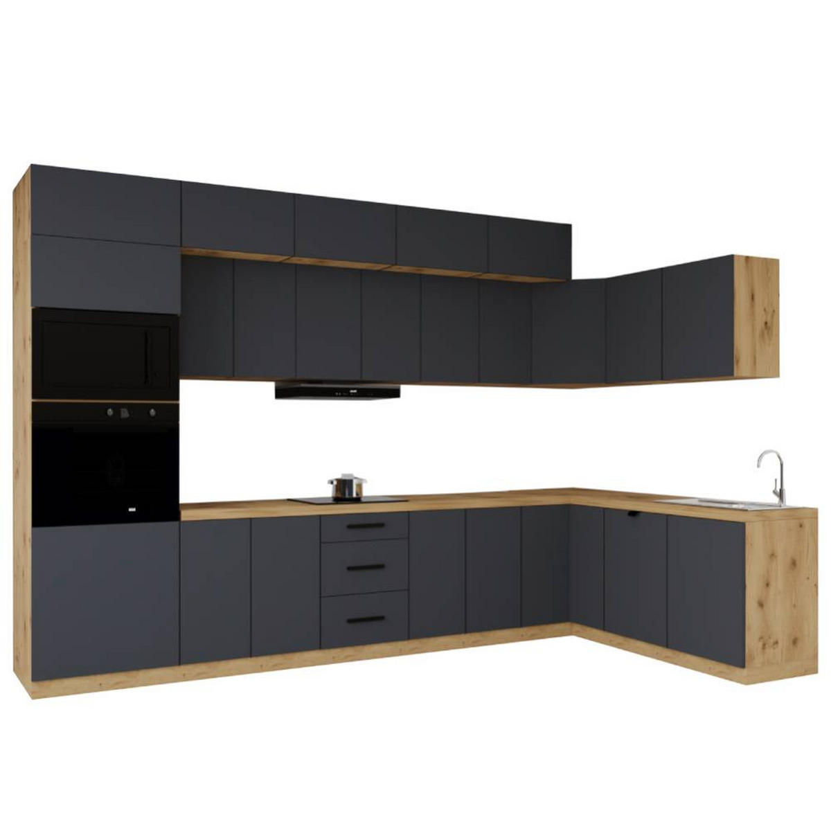 WINKELKÜCHE 360cm x 200cm- Langen KL10-M360 - in Grau/Matt - Grau, Holz/Metall (560/248/58cm)