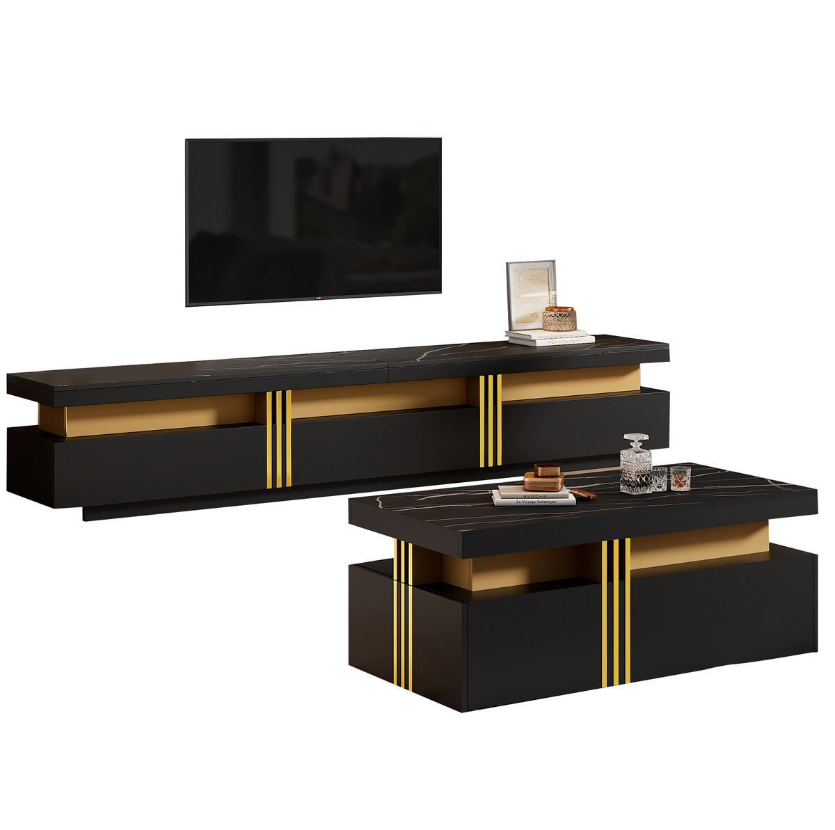 TV-MÖBEL-SET mit TV-Schrank 200/40/42 cm und Couchtisch 100/50/40 cm, Schubladen und Marmor-Optik, Schwarz - Schwarz, Holzwerkstoff (100/40/50cm) - Redom