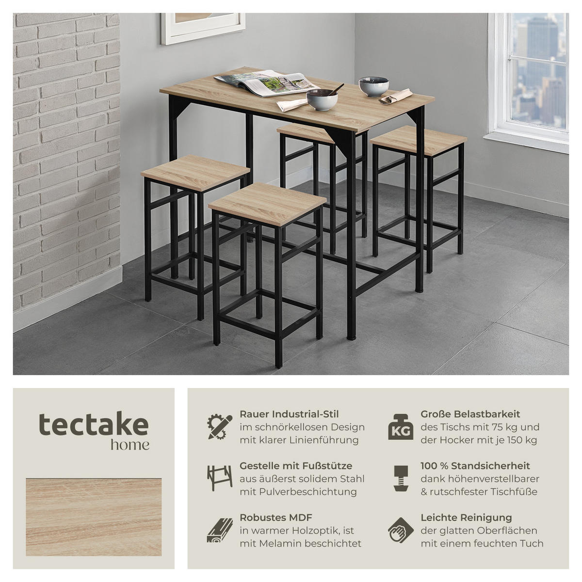 BARTISCH-SET Edinburgh,mit höhenverstellbaren Kunststofffüßen,Industrial Holz hell, Eiche Sonoma - Naturfarben, Holz (124/88.5/100cm) - tectake