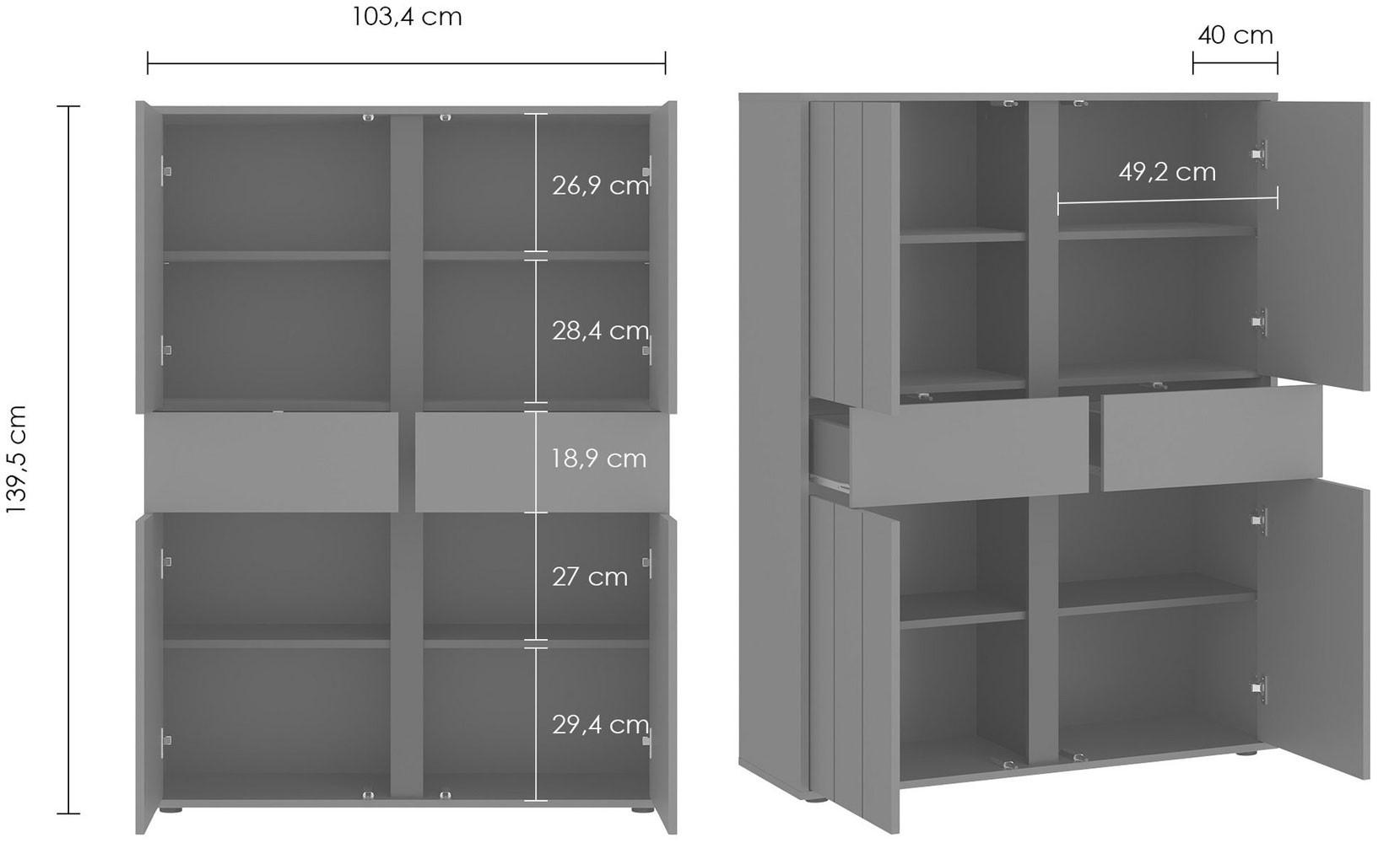 Thumbnail - Feldmann-Wohnen Highboard, Grün, Anthrazit, Holz, 4 Fächer, 2 Schubladen, Rechteckig, 103x139.5x40 cm, Wohnzimmer, Kommo...