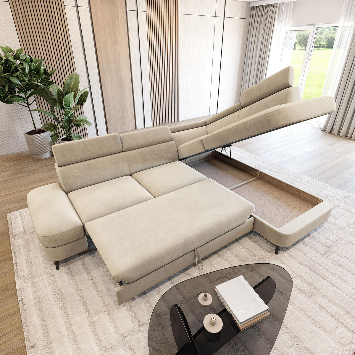 ECKSOFA AVISE MV R-S Creme Velours-Stoff mit Schlaffunktion - Creme, Holzwerkstoff/Textil (268/195cm) - MASSENO