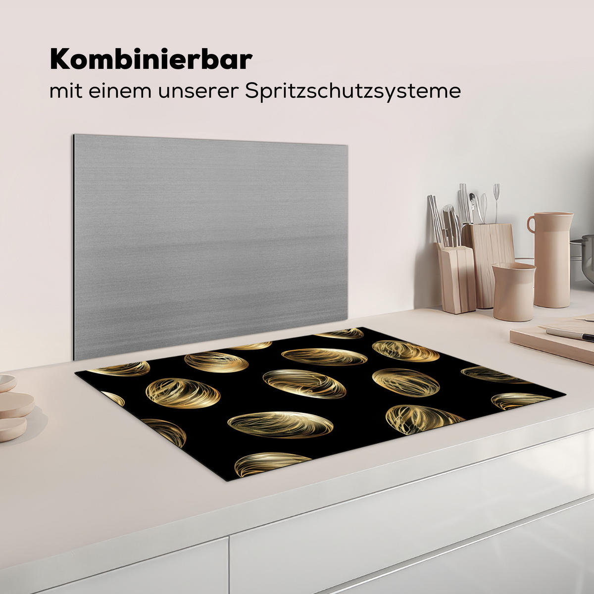 HERDABDECKPLATTE Eier - Gold - Muster Herdabdeckung Induktionsfeld 75x52 cm - Schwarz, Kunststoff (75/52/0.2cm) - MuchoWow
