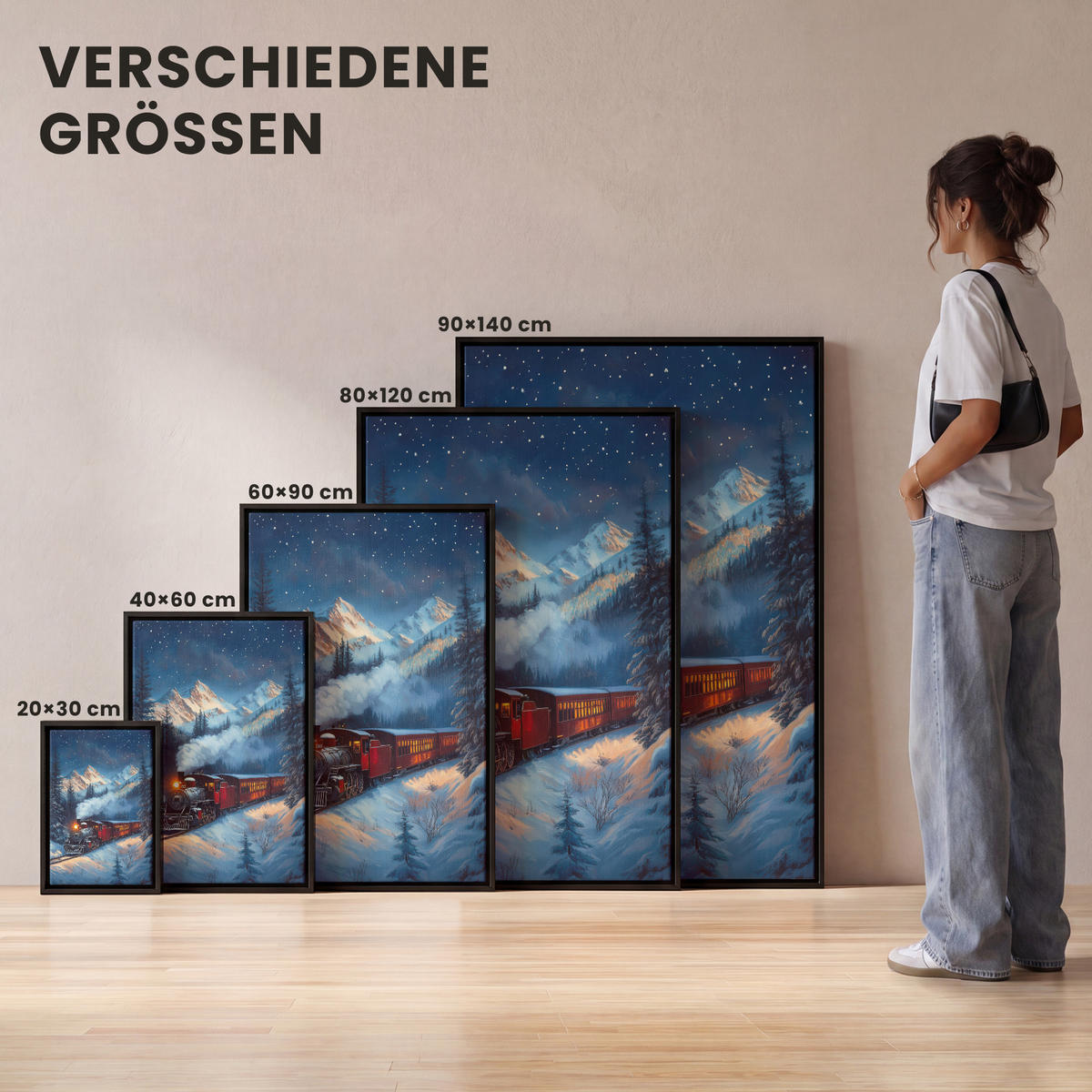 LEINWAND Bilder mit Rahmen - Zug - Weihnachten - Schnee - Weihnachtszug - 20x30 - Anthrazit, Textil (20/30cm) - MuchoWow