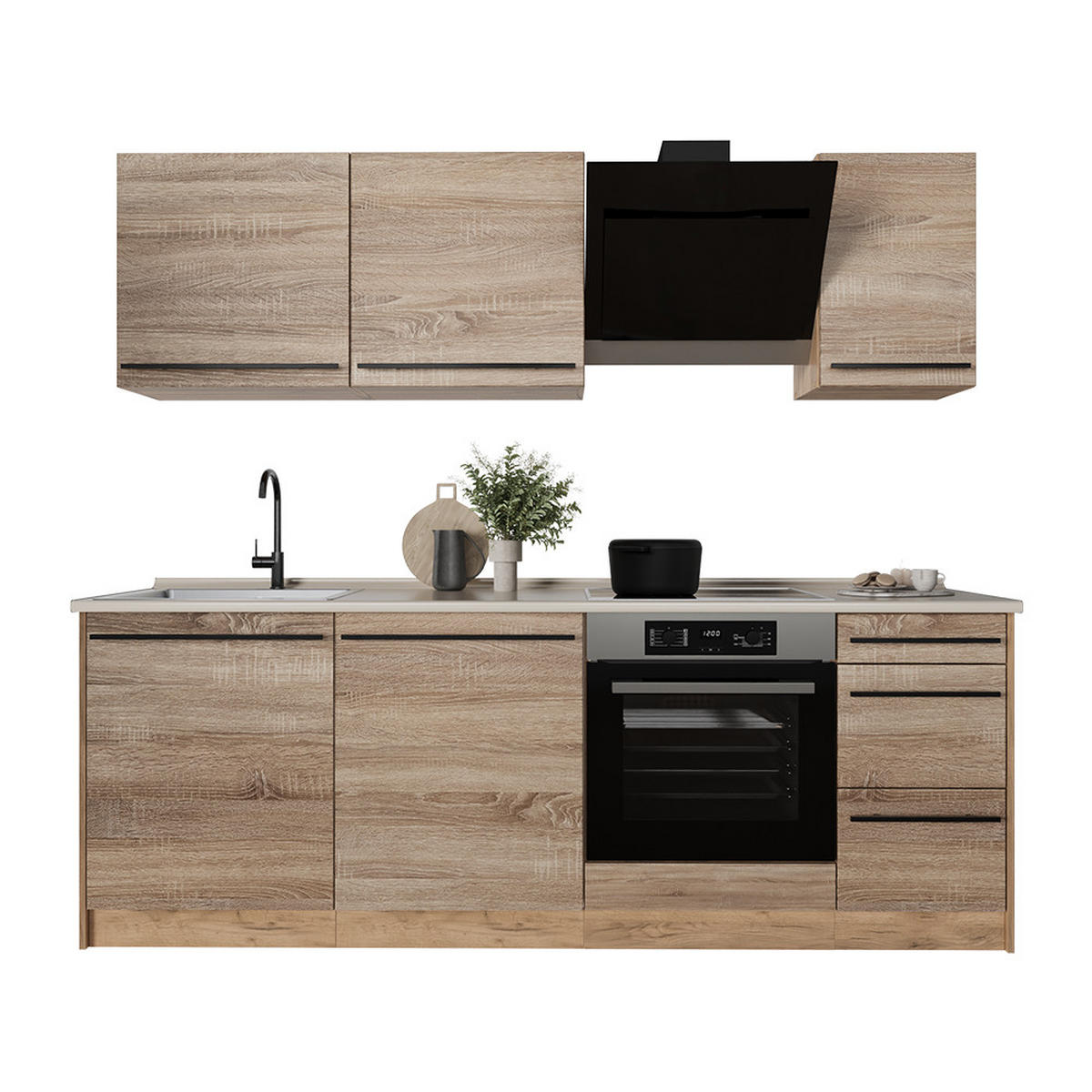 KÜCHENZEILE R-Line, Sonoma/Goldkraft Eiche, 220 cm Arbeitsplatte Marmor - Honigeiche/Sonoma Eiche, Holzwerkstoff (220/81.6/60cm) - Vicco