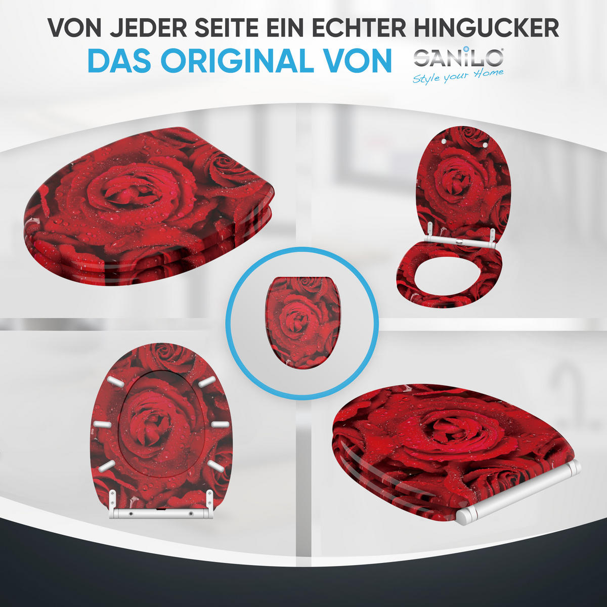 WC-SITZ mit Absenkautomatik & Top Fix Rosen - Rot, Holzwerkstoff (37.7/5.5/48cm) - Sanilo