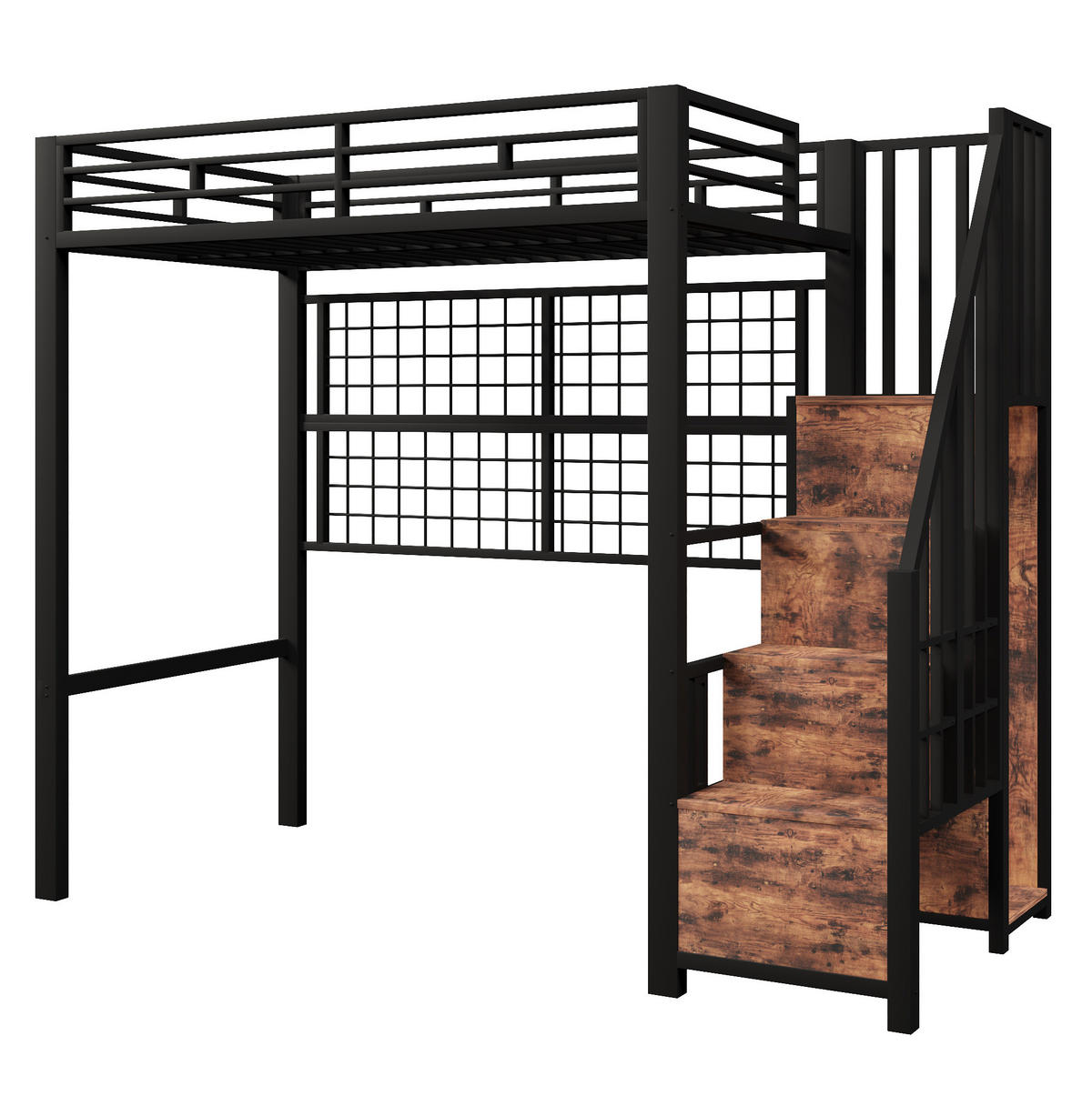 HOCHBETT 90/200 cm, Schwarz mit Stauraumleiter, Hänggitter, ohne Matratze - Schwarz, Metall (90/200cm) - MIVRAY