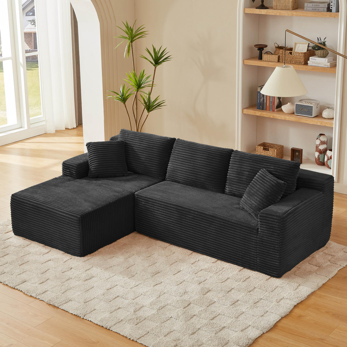 ECKSOFA DE-34926 L-Form mit Chaise links Schwarz - Schwarz, Textil (163/252.5cm) - ComfortXL