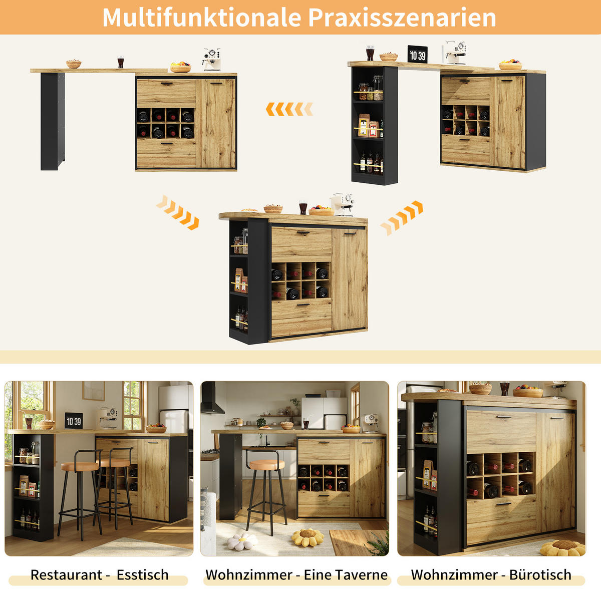 ESSTISCH aus MDF und Metall 138-220x39x105 cm Holzfarben ausziehbar mit 2 Schubladen, Weinregal und offenen Fächern - Naturfarben, Holzwerkstoff (138/39/105cm) - Modfu
