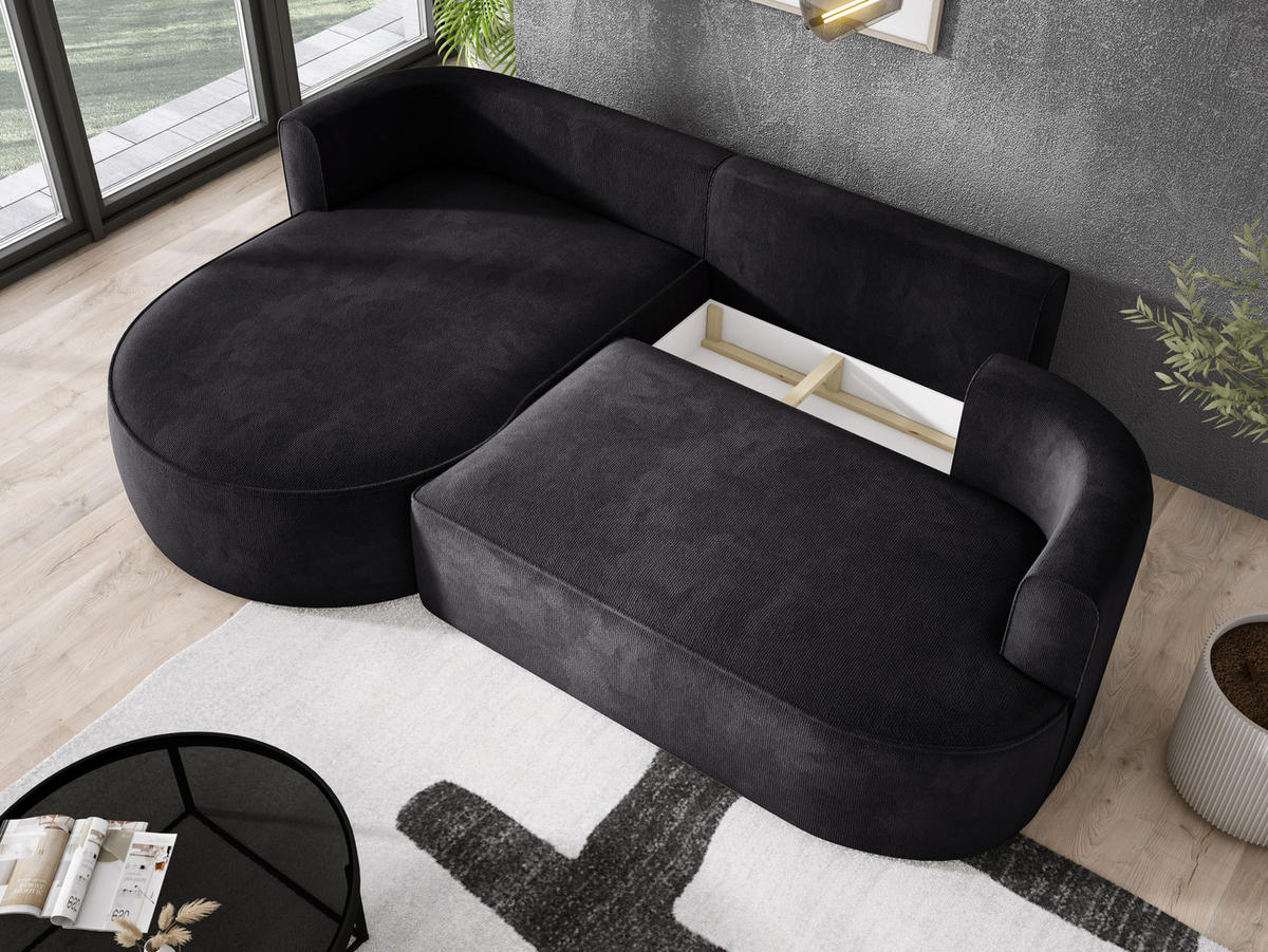 ECKSOFA FIORE-L Moderne Ausziehbare Schlaf-Funktion, automatischer Auffaltung, lose Rückenkissen freistehend LINKS 284x183x82 cm cm Black - Schwarz, Holz/Textil (183/284cm) - DomoHome