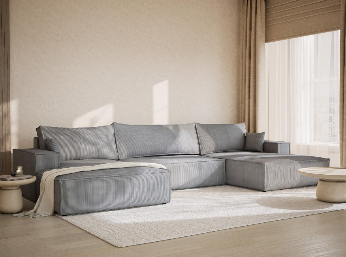 WOHNLANDSCHAFT Kyoto Hellgrau Samtstoff - Hellgrau/Schwarz, Holz/Holzwerkstoff (398/70/148cm) - Maison de Reve