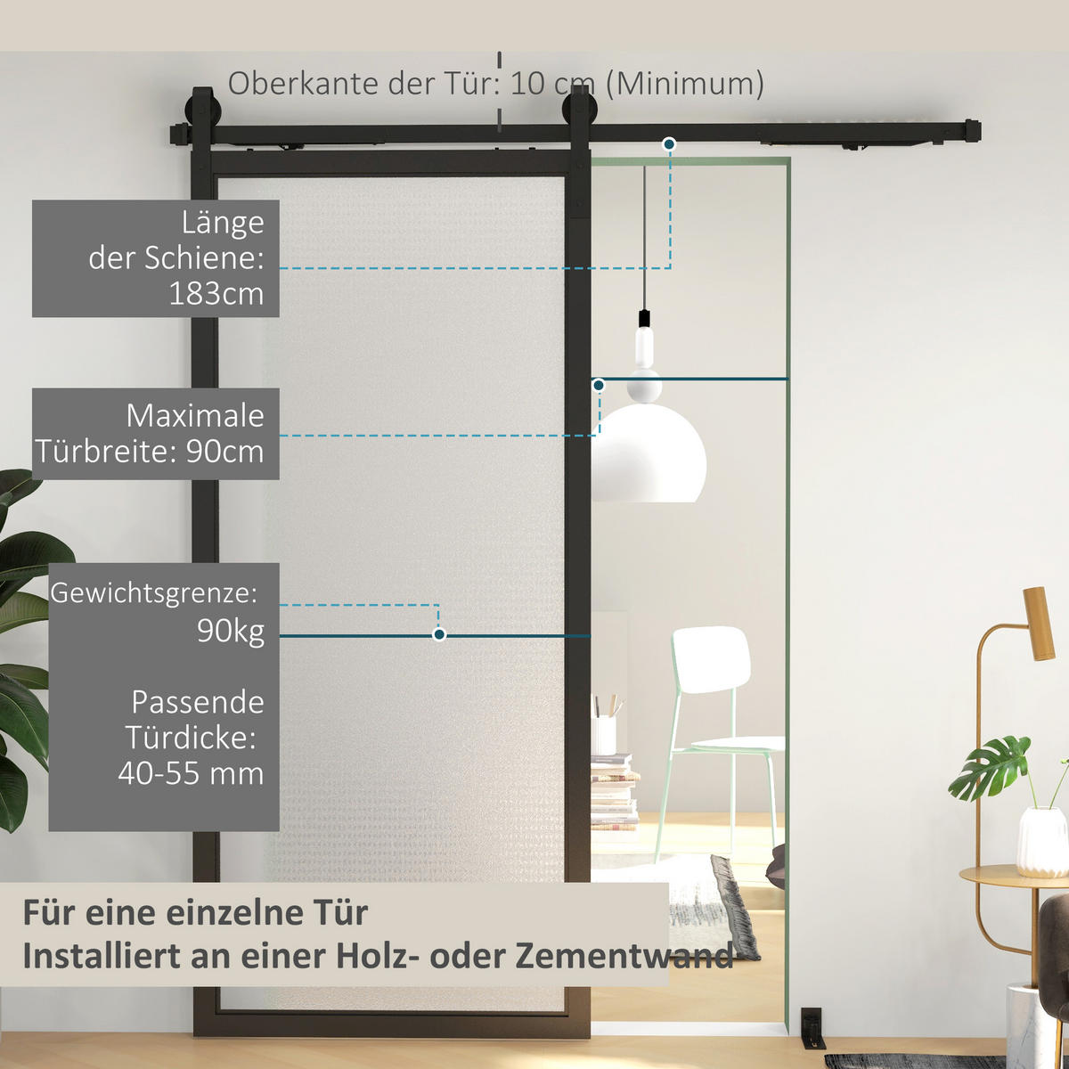 SCHIEBETÜREN-BESCHLAGSATZ, 183 cm Komplett-Set mit Schienen, Rollen, Anti-Sprung-Vorrichtungen, Türstopper, Schwarz - Schwarz, Metall (0.5/4/183cm) - HOMCOM