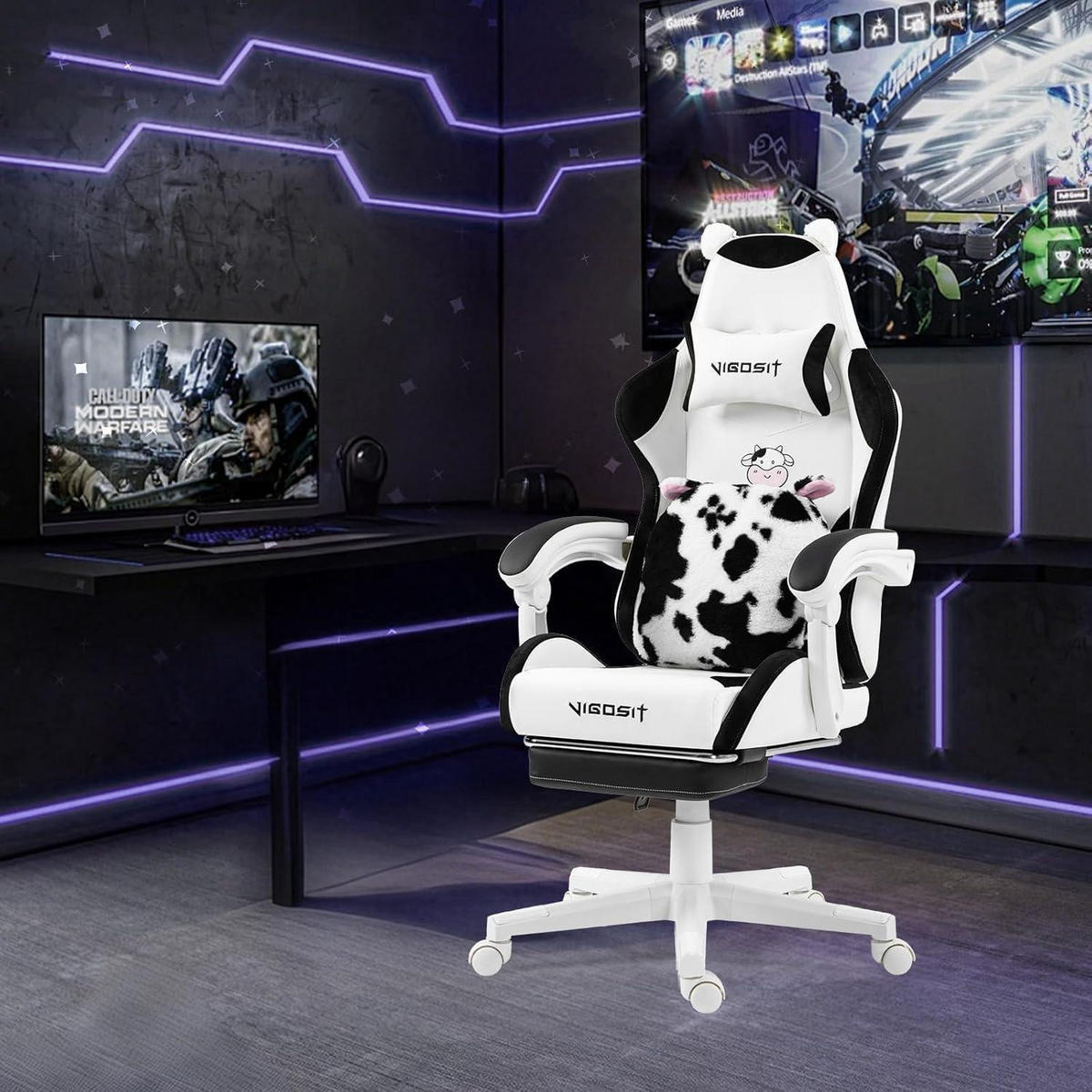 GAMING Stuhl mit Ohren und Kawaii Kissen, Ergonomisch, mit Lendenwirbelstütze und Fußstütze, Schwarzweiß - Multicolor, Kunststoff (59/77/25cm)