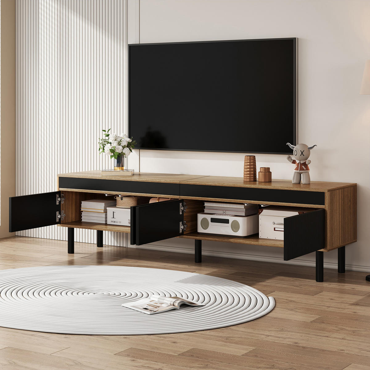 TV-SCHRANK 170/38/47 cm Schwarz/Naturholz mit 4 Türen Push-to-Open - Schwarz, Holz/Holzwerkstoff (170/47/38cm) - Oxeza