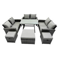 GARTENMÖBELSET mit ESSTISCH,HOCHLEHNER-SOFA Polyrattan Dunkelgrauer Mix 9-Sitzer - Dunkelgrau/Grau, Glas/Kunststoff - Fimous