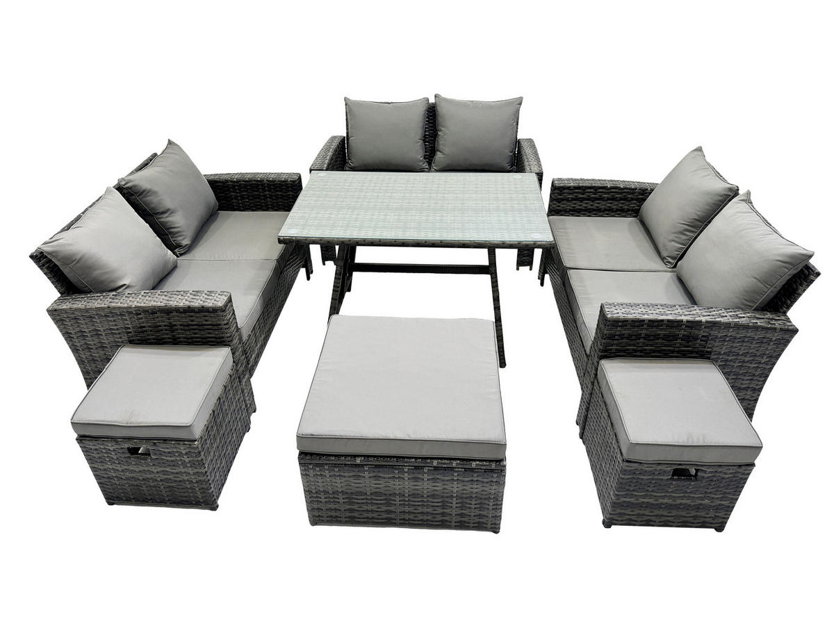 GARTENMÖBELSET mit ESSTISCH,HOCHLEHNER-SOFA Polyrattan Dunkelgrauer Mix 9-Sitzer - Dunkelgrau/Grau, Glas/Kunststoff - Fimous